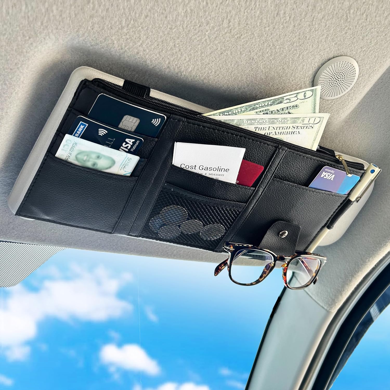 EcoNour Small Car Sun Visor Organizer with pocket for sunglasses