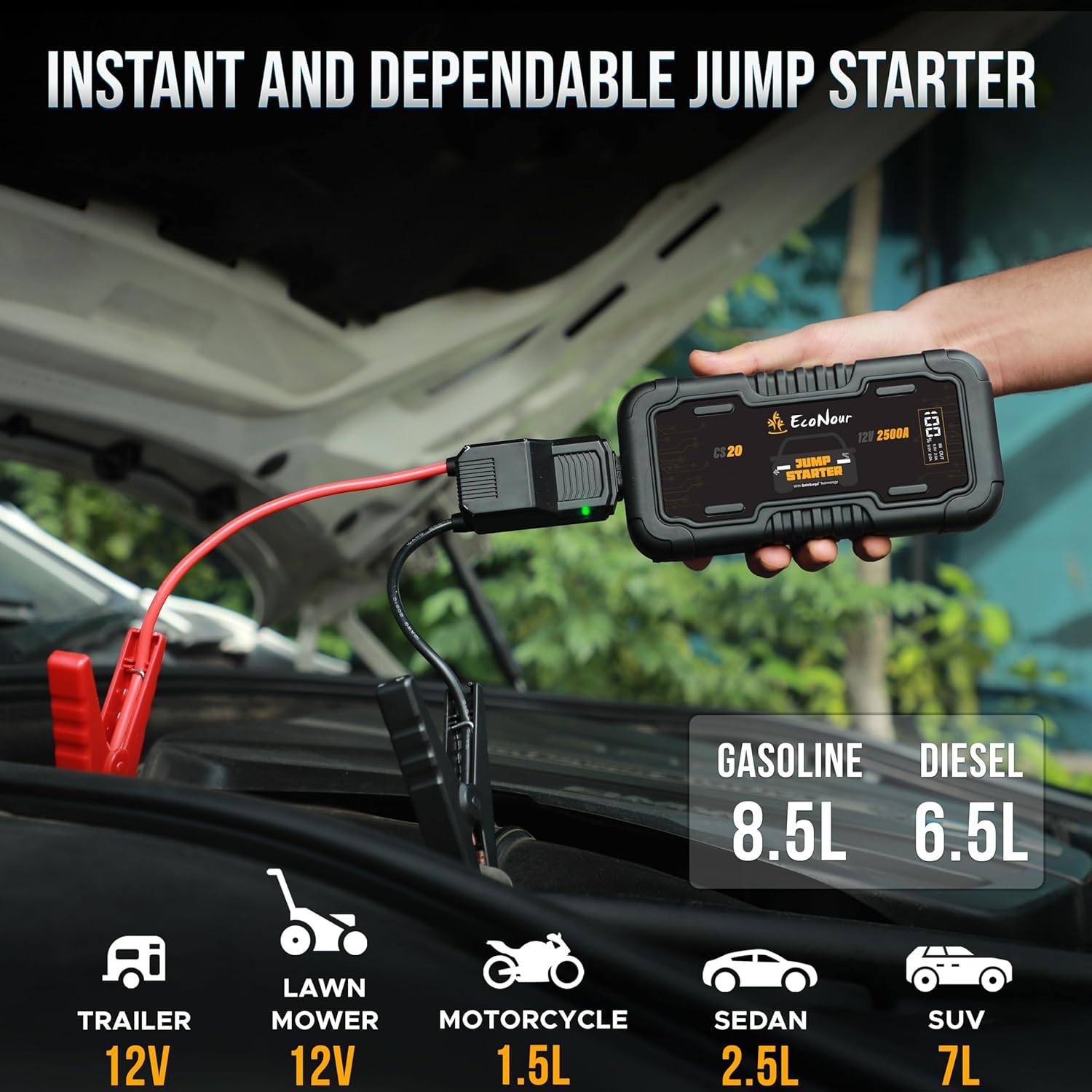 Car battery jump starter 2500A EcoNour for Ford Honda Jeep vehicles