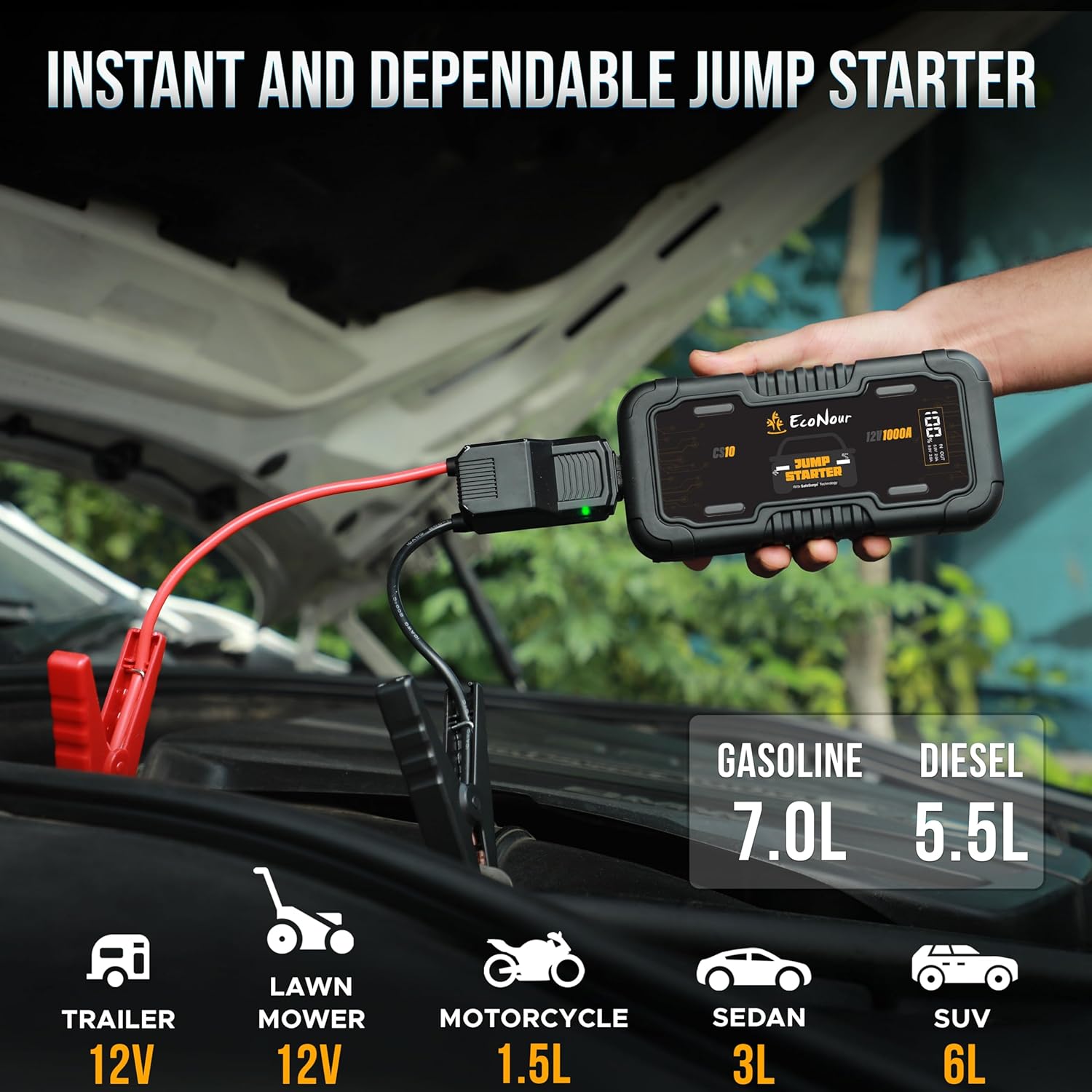 1600A car battery jump starter EcoNour with LED light and charger