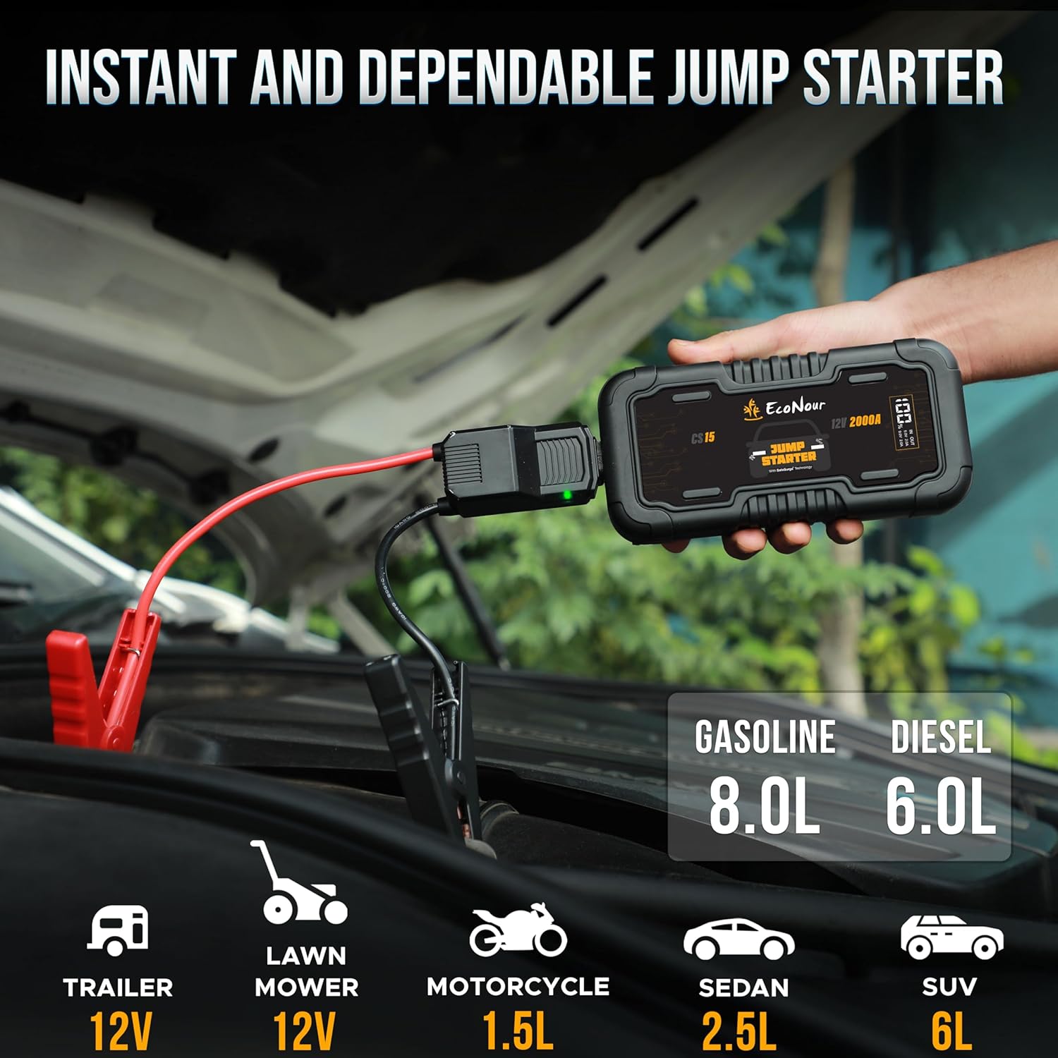 Portable car battery jump starter 2000A EcoNour compact emergency booster