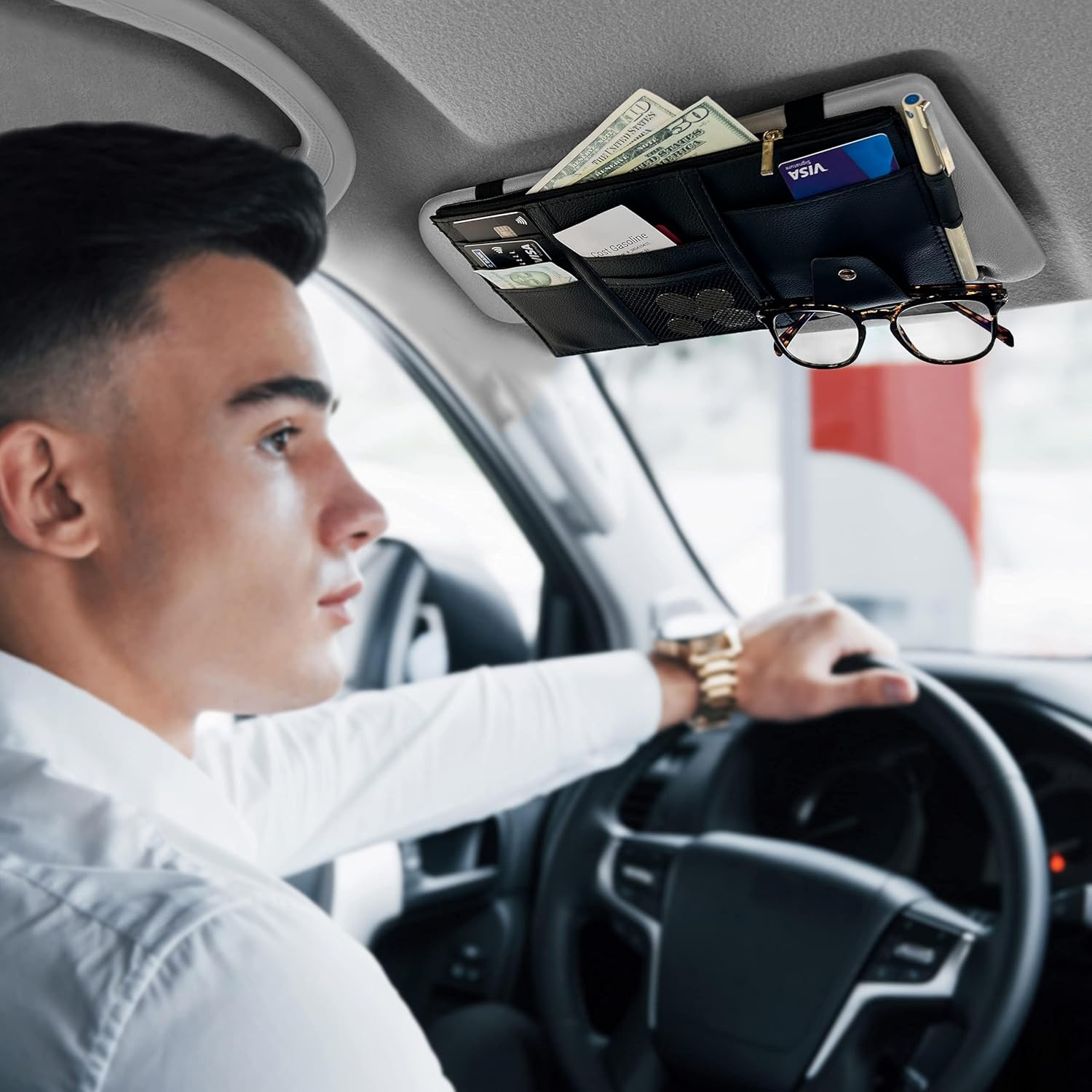 Car Sun Visor Organizer for cash, cards, pens, and sunglasses