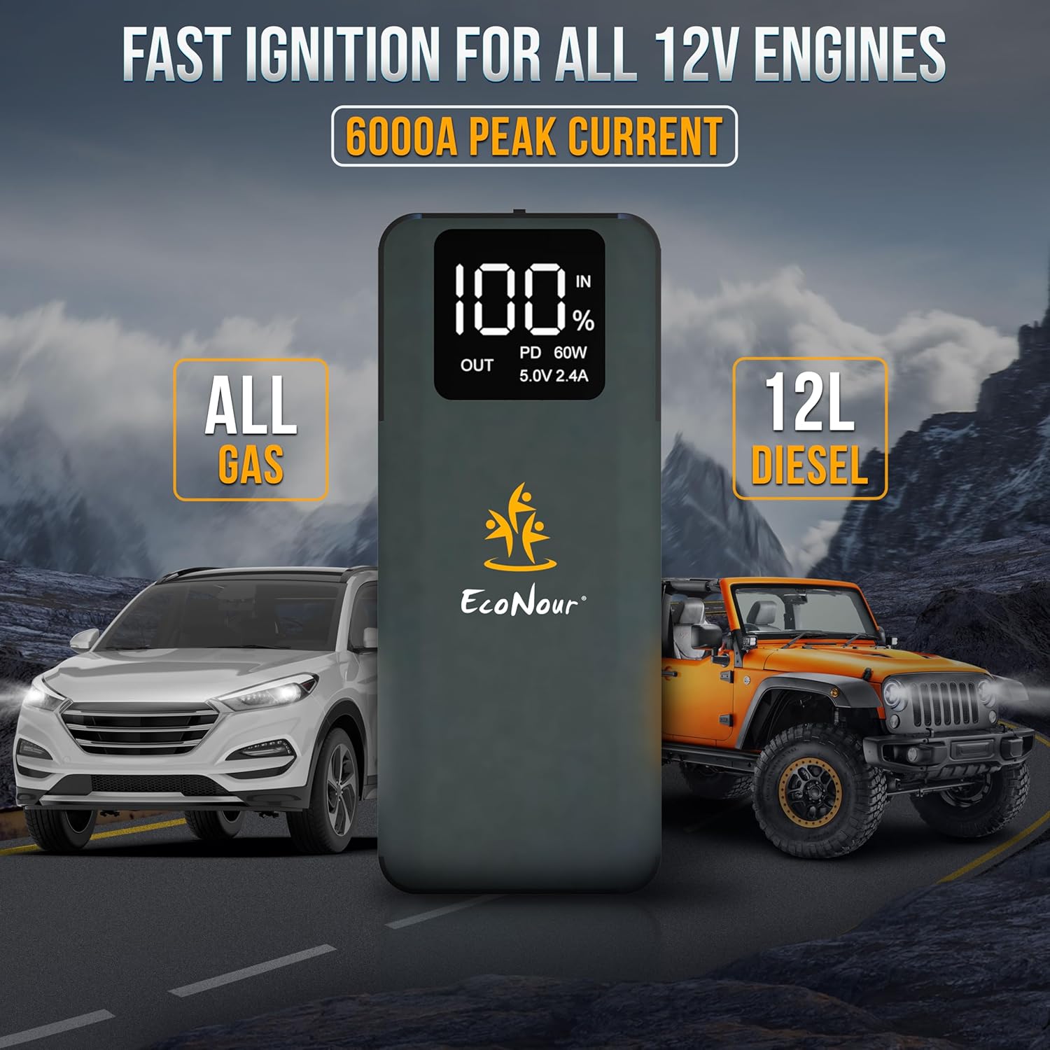 6000A car battery jump starter EcoNour with SOS light and LCD screen