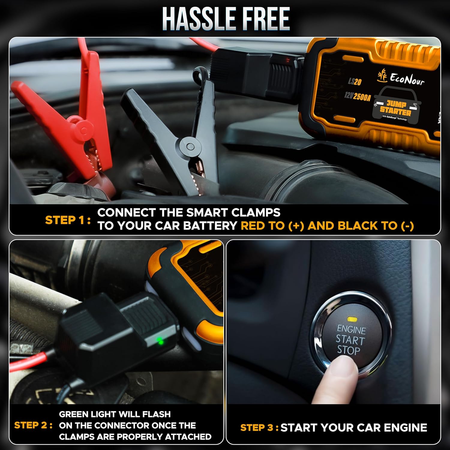 2500A portable car jump starter EcoNour with LED flashlight and USB