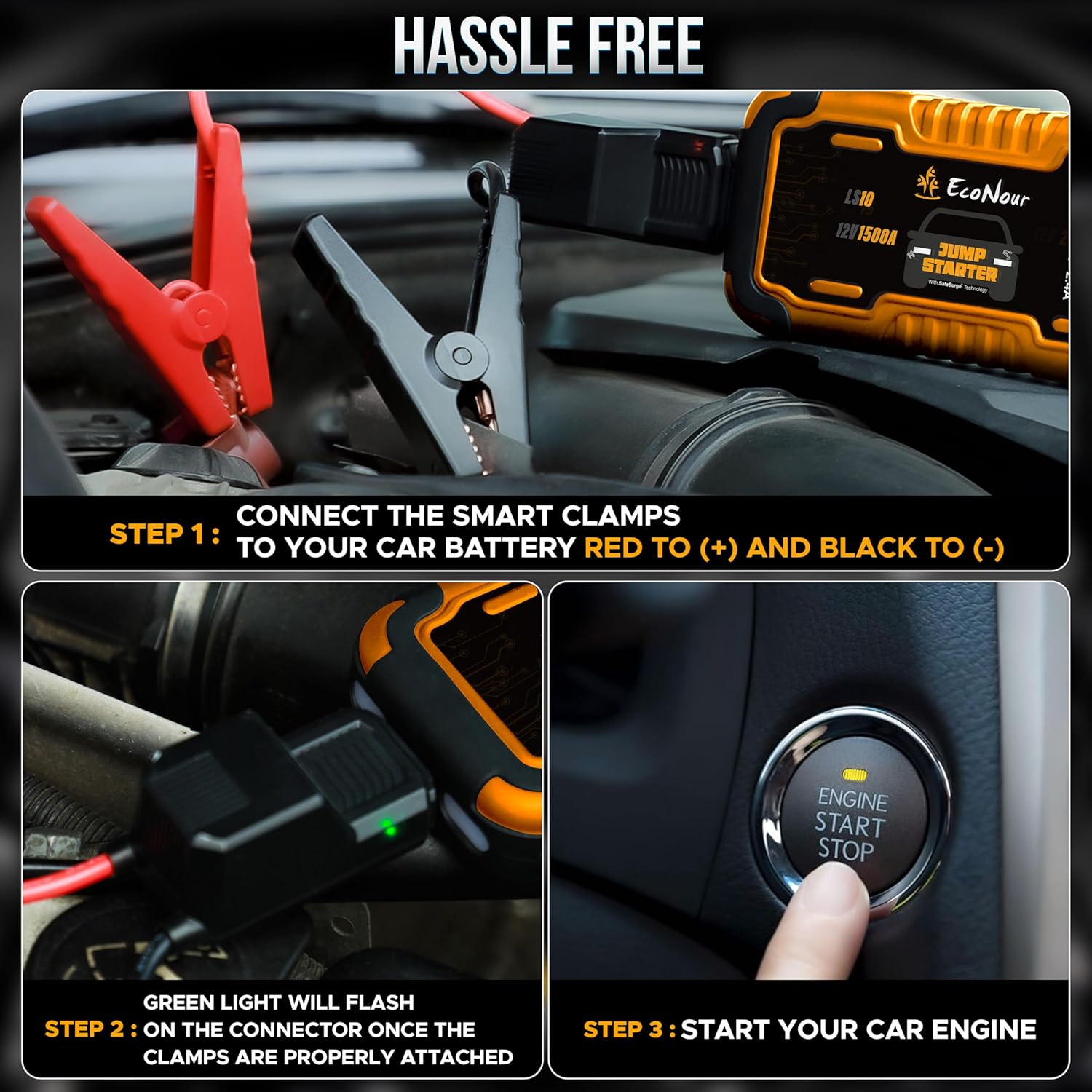 Portable car battery jump starter 1500A EcoNour 5.5L diesel engine compatible