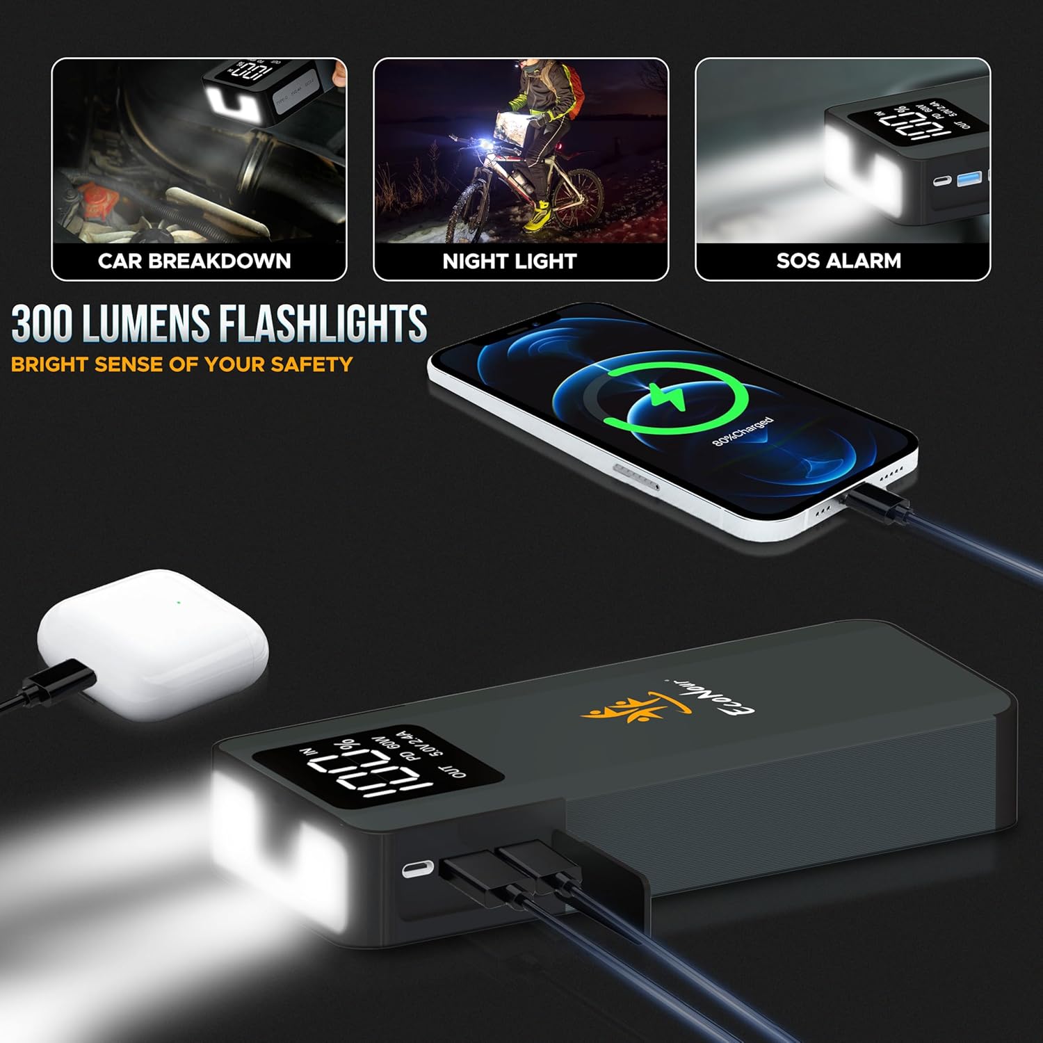 6000A car battery jump starter EcoNour smart jumper cables LCD