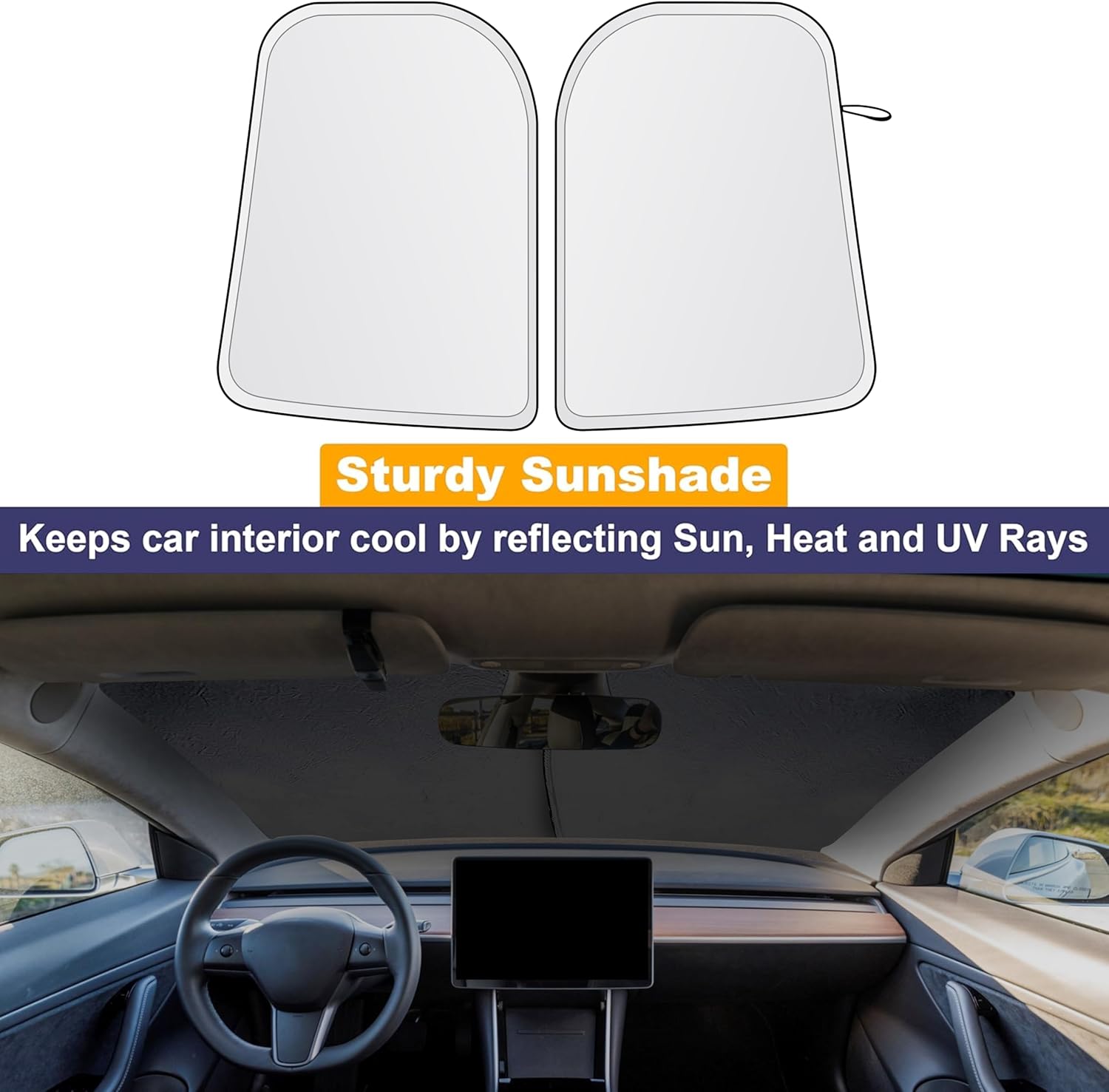 EcoNour Tesla Windshield Sun Shade | Foldable Front Windshield Shade for Sun, Heat and UV Rays | Car Front Window Sunshade | Sun Protection Shade Fit for Tesla Model-3 & Model-Y