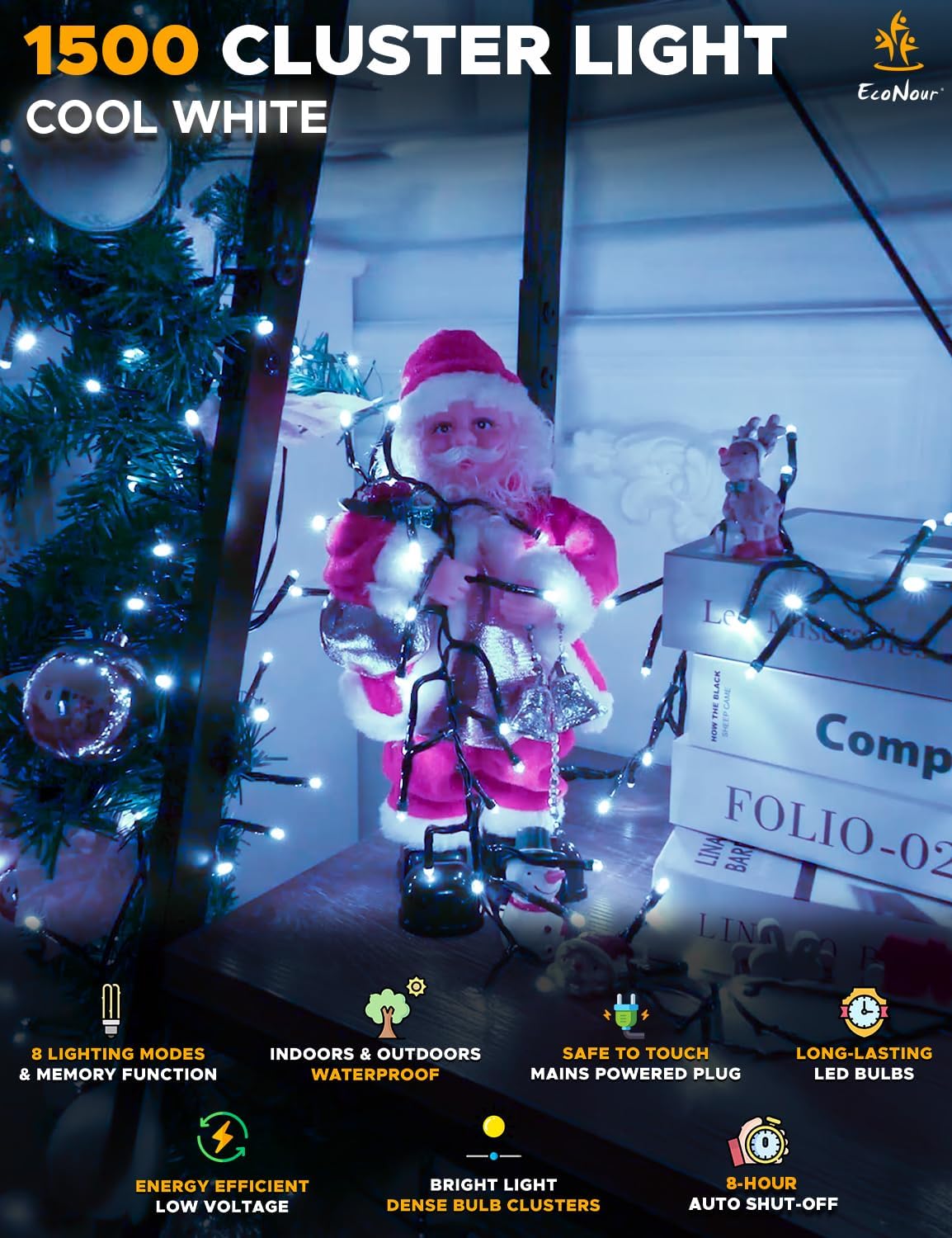 EcoNour 94Ft 1500 LED Cluster Twinkle Lights for Christmas Tree, 8 Modes String Lights for Decoration with Timer and Memory Function, Elegant Cool White Fairy Lights for Magical Home & Indoor