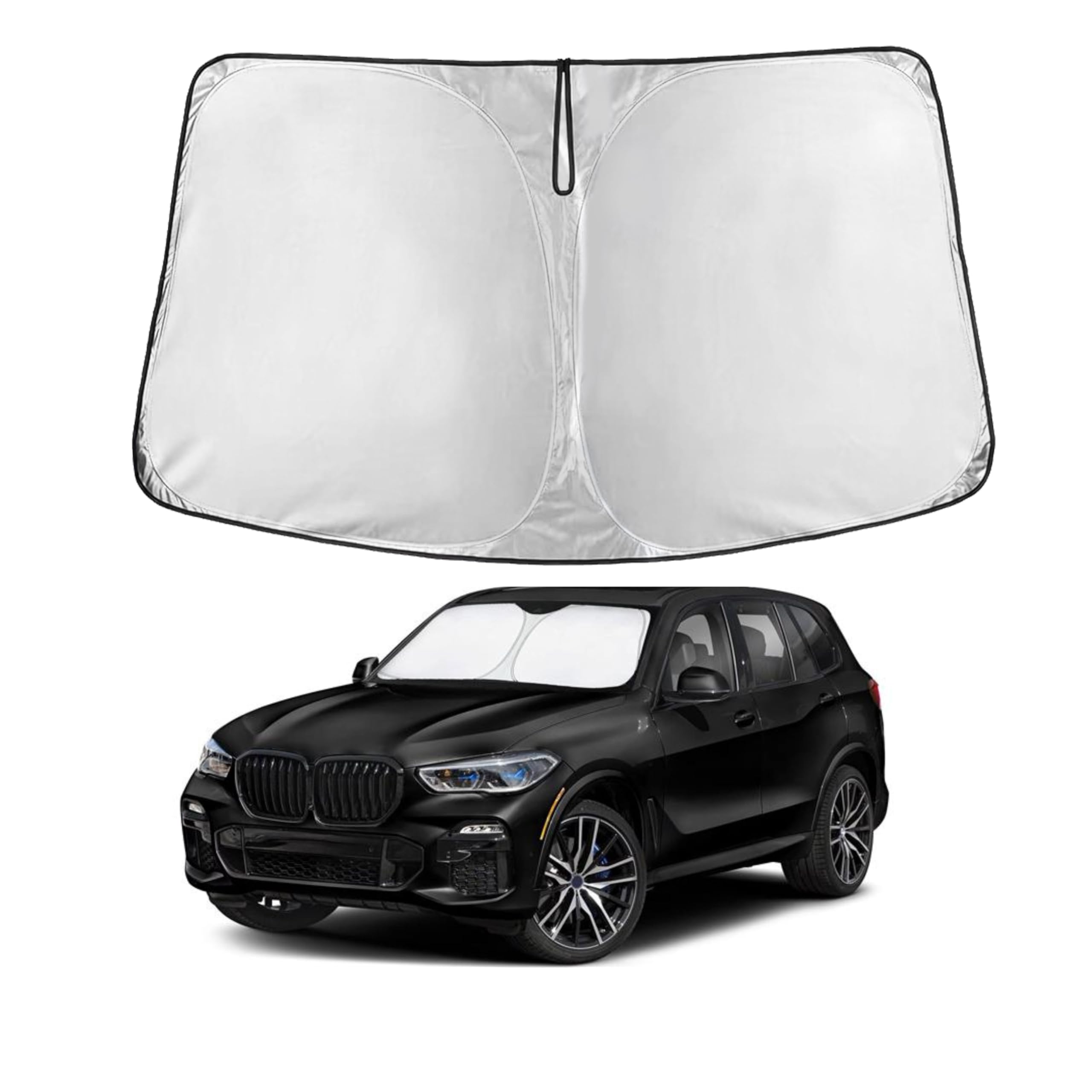 Universal BMW Windshield Sun Shade – 63x34 In, UV Block, Pop-Up, Silver Nylon