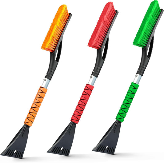 EcoNour 27" Aluminum Snow Brush with Ice Scrapers for Car Windshield and Window | Car Snow Scraper and Brush with Ergonomic Foam Grip Winter Accessories (Orange,Red,Green) (3 Pack)