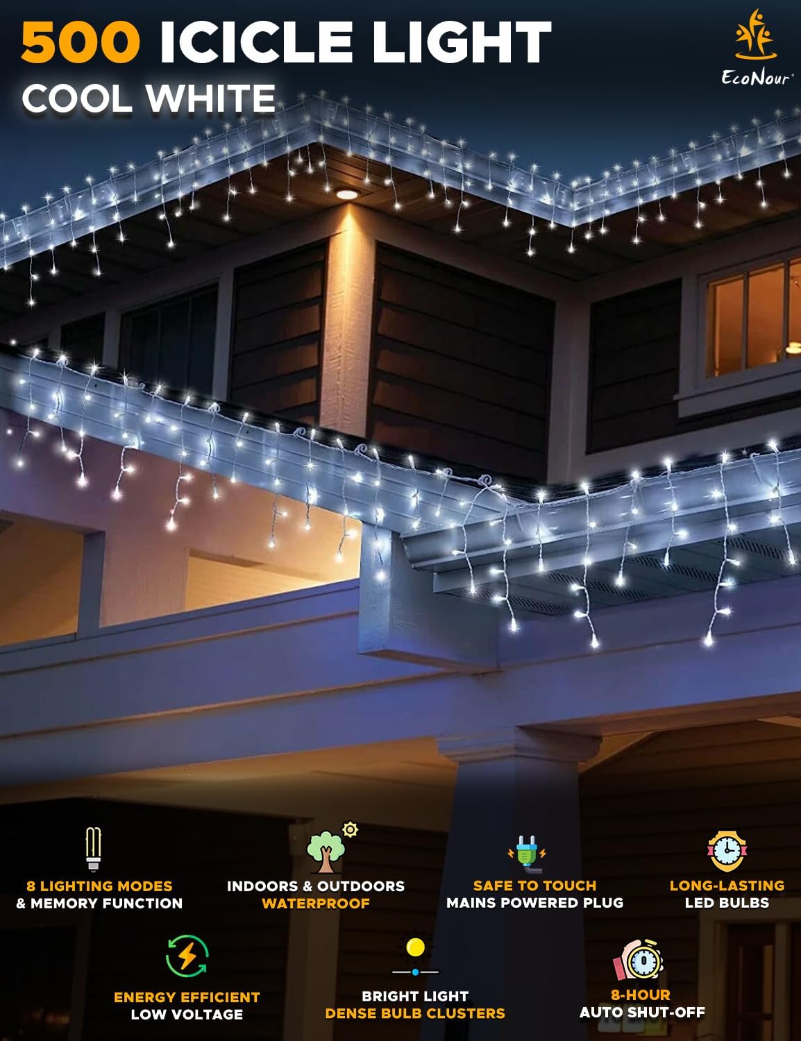 EcoNour Icicle Lights for Outside | 500 LED Icicle Christmas Lights Outdoor with 8 Modes, Connectable String Light with Timer, Memory Function, Waterproof Twinkle Outdoor Christmas lights - Cool White