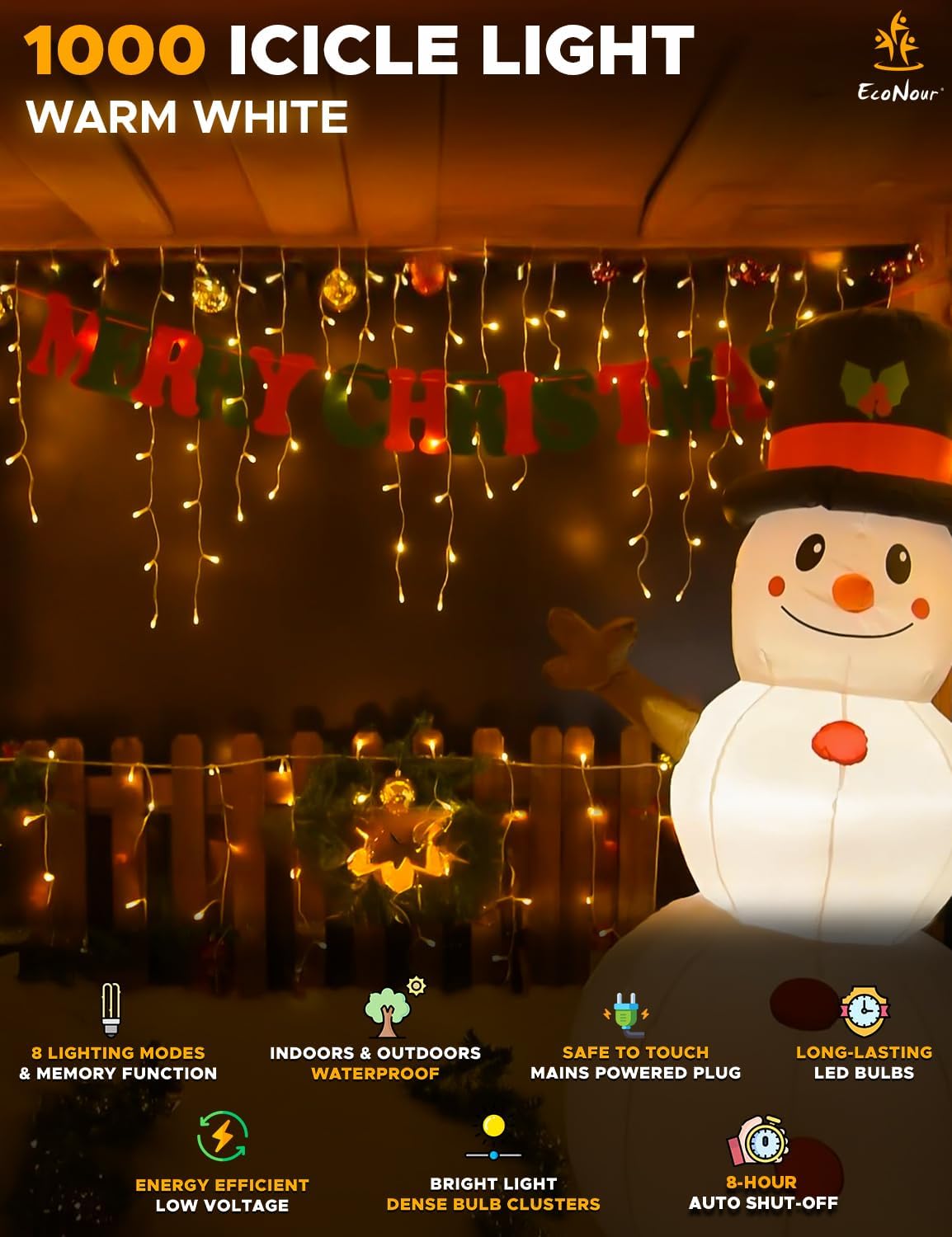 EcoNour Icicle Lights for Outside | 1000 LED Icicle Christmas Lights Outdoor with 8 Modes, Connectable String Light with Timer, Memory Function, Waterproof Twinkle Outdoor Christmas lights- Warm White