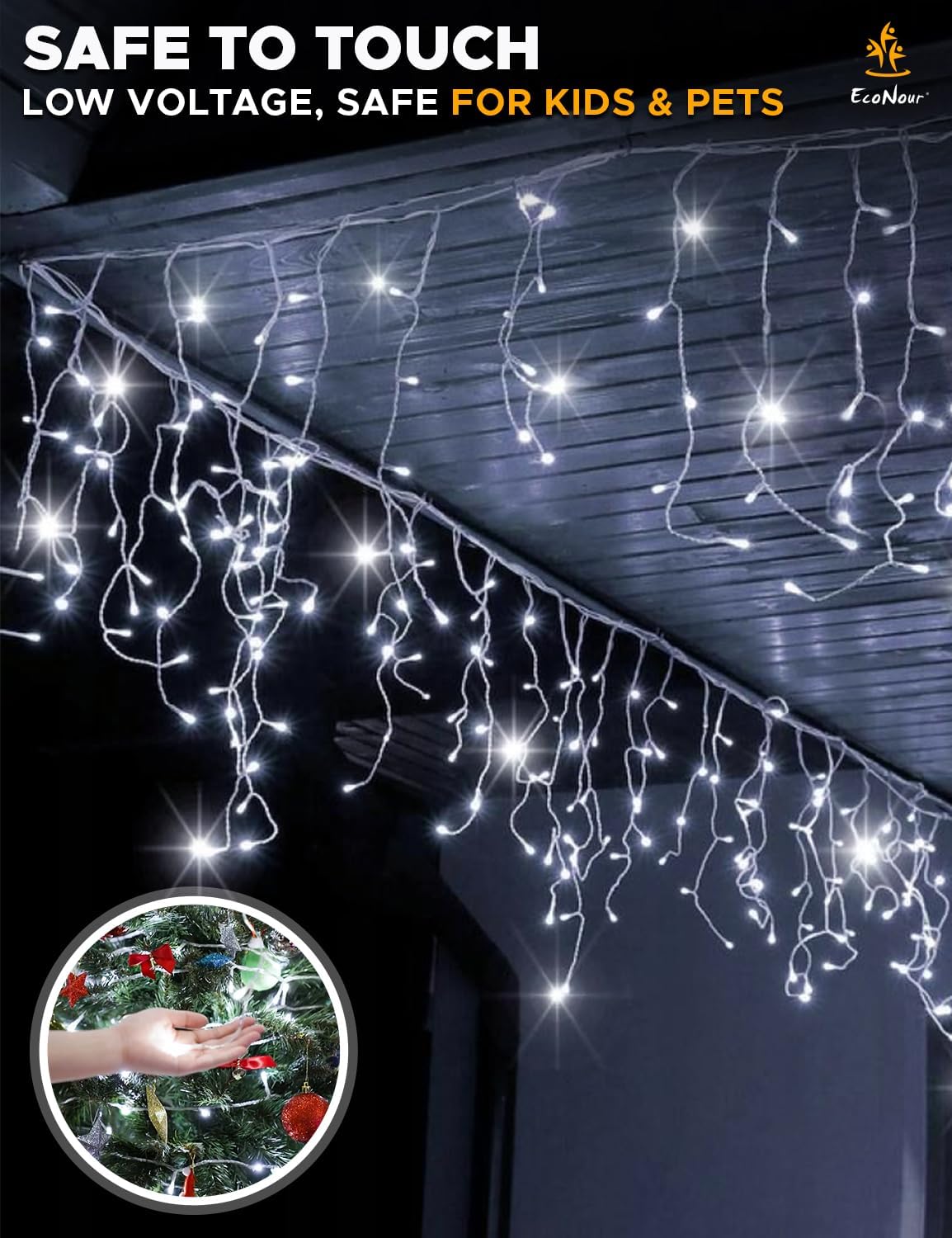 EcoNour Icicle Lights for Outside | 1500 LED Icicle Christmas Lights Outdoor with 8 Modes, Connectable String Light with Timer, Memory Function, Waterproof Twinkle Outdoor Christmas lights- Cool White
