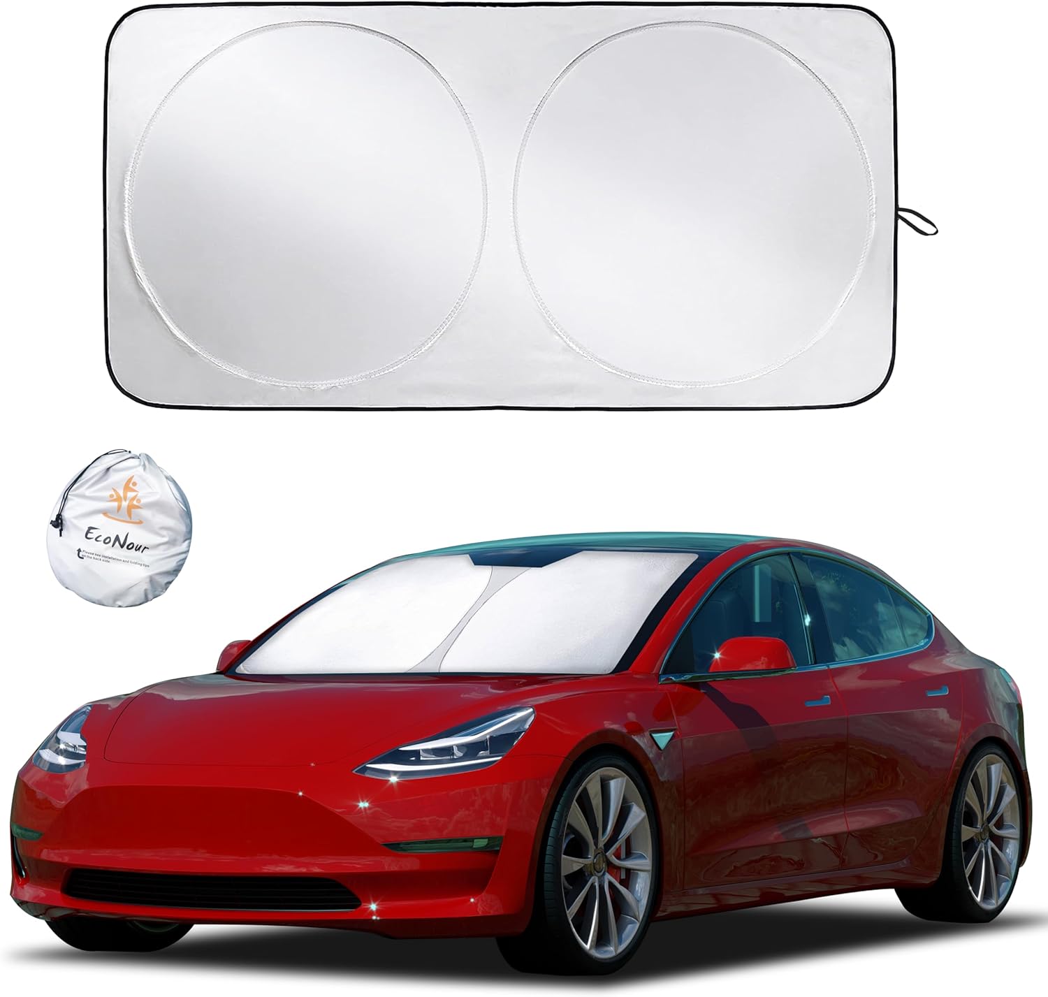EcoNour Tesla Windshield Sunshade for Model 3/Y | 240T Polyester Shield for Tesla Model 3 Sunshade | Superior UV & Heat Protection Tesla Model Y Sunshade | Car Interior Tesla Accessories for Summer