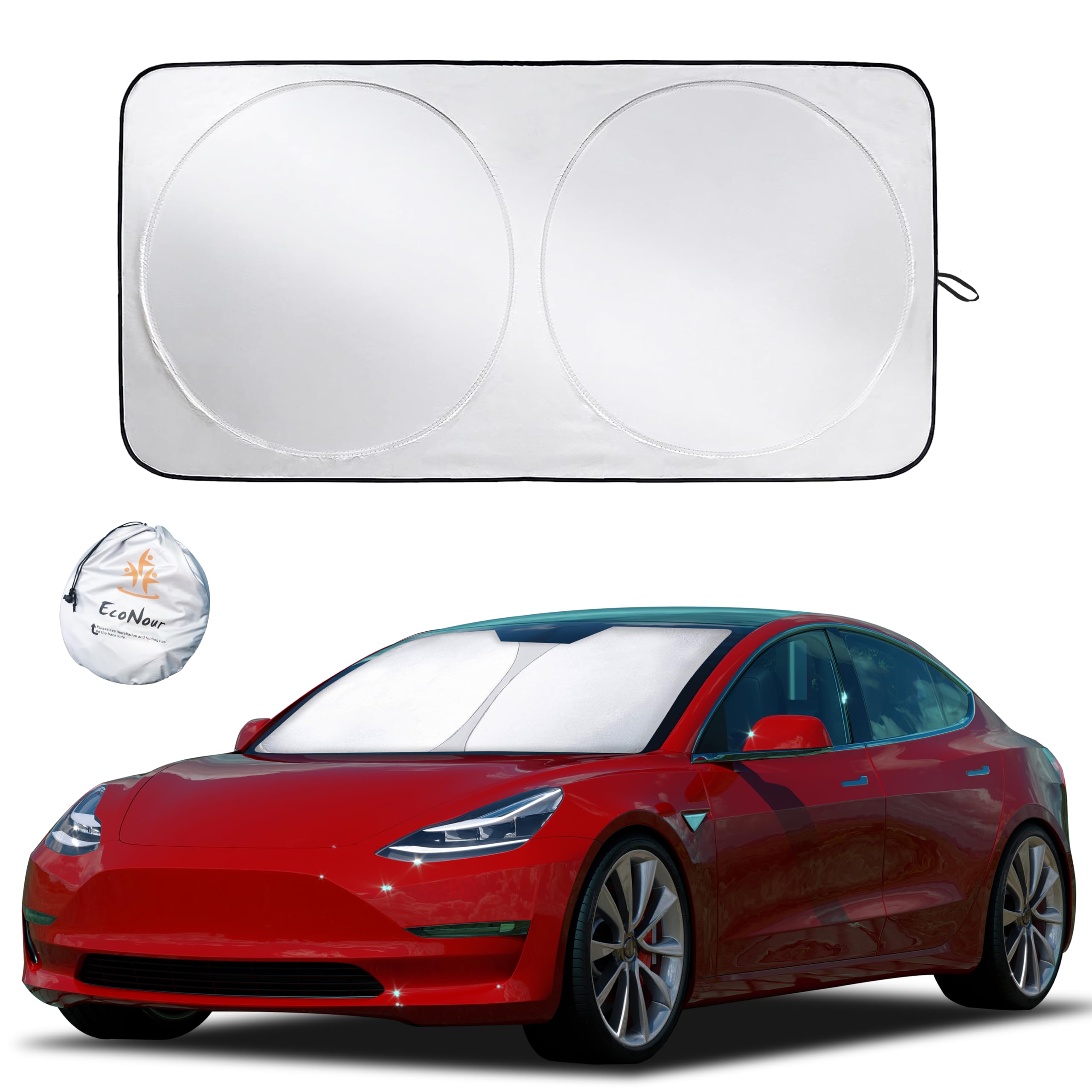 Pigenius Accordion Fold Sun Shade For Tesla Model S (2012-2022) - Front Windshield UV Protector, Metallic Silver