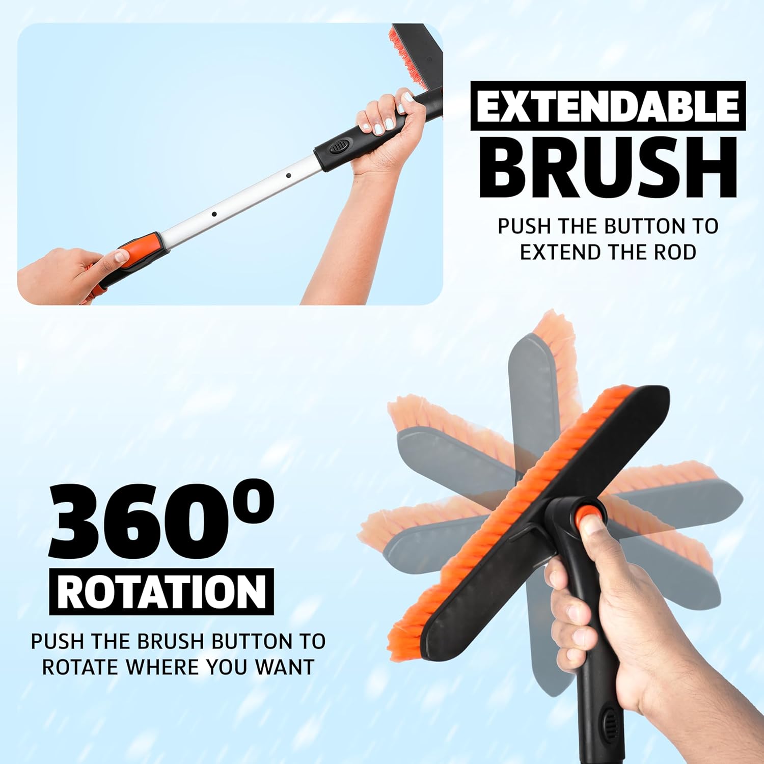 EcoNour 63" Extendable Snow Brush & Ice Scraper with 360° Pivoting Head – Heavy Duty Winter Tool