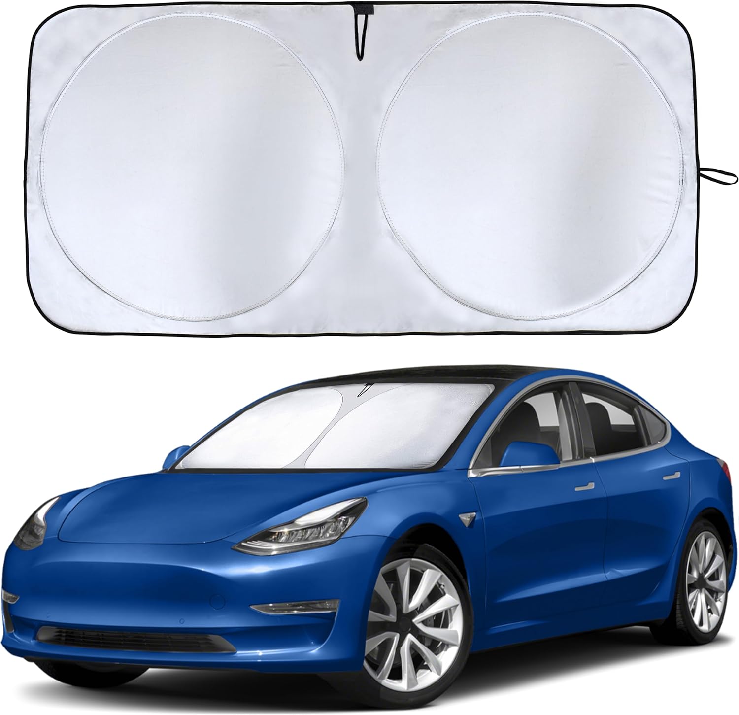 Econour Tesla Windshield Sun Shade for Model 3 and Y | Reflective 240T Material Blocks Sun & Heat | Offers Protection for Car Interior | Foldable Sun Blocker with Storage Pouch | Tesla Car Accessories
