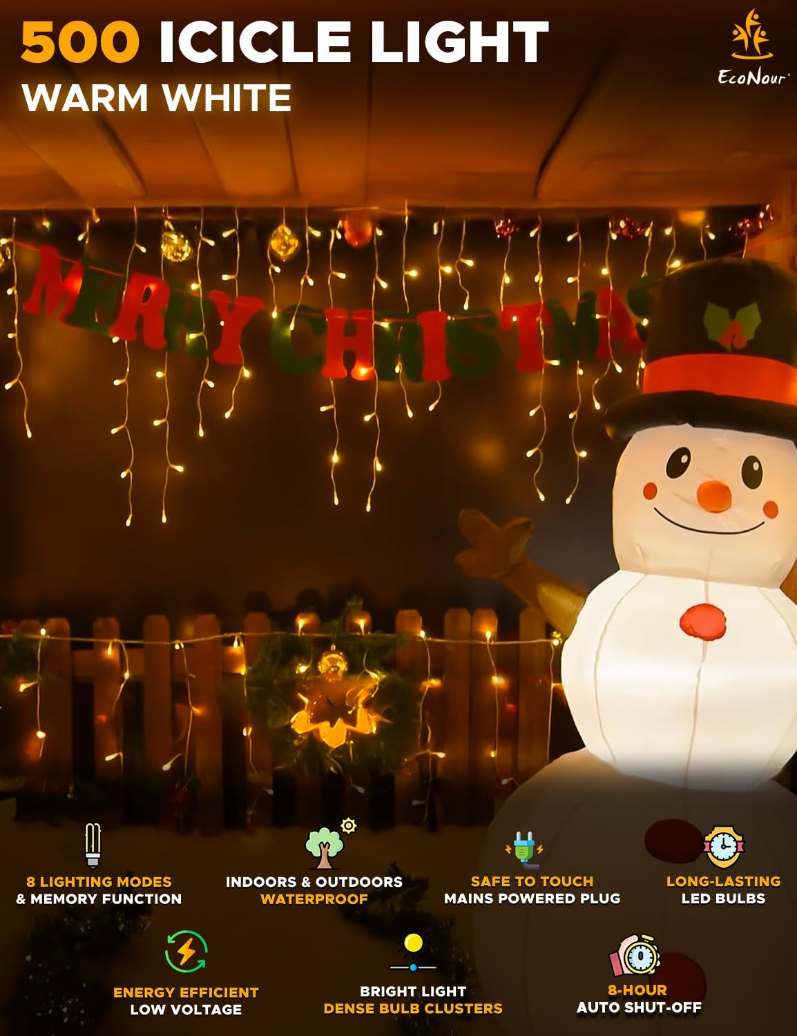 EcoNour Icicle Lights for Outside | 500 LED Icicle Christmas Lights Outdoor with 8 Modes, Connectable String Light with Timer, Memory Function, Waterproof Twinkle Outdoor Christmas lights - Warm White