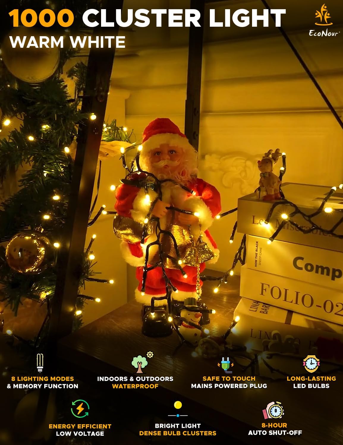 EcoNour 74Ft 1000 LED Cluster Twinkle Lights for Christmas Tree, 8 Modes String Lights for Decoration with Timer and Memory Function, Ambient Warm White Fairy Lights for Magical Home & Garden Decor