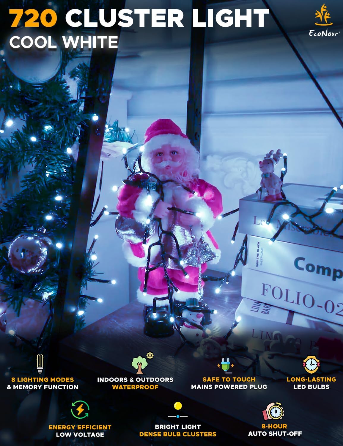 EcoNour 62Ft 720 LED Cluster Twinkle Lights for Christmas Tree, 8 Modes String Lights for Decoration with Timer and Memory Function, Elegant Cool White Fairy Lights for Magical Home & Indoor