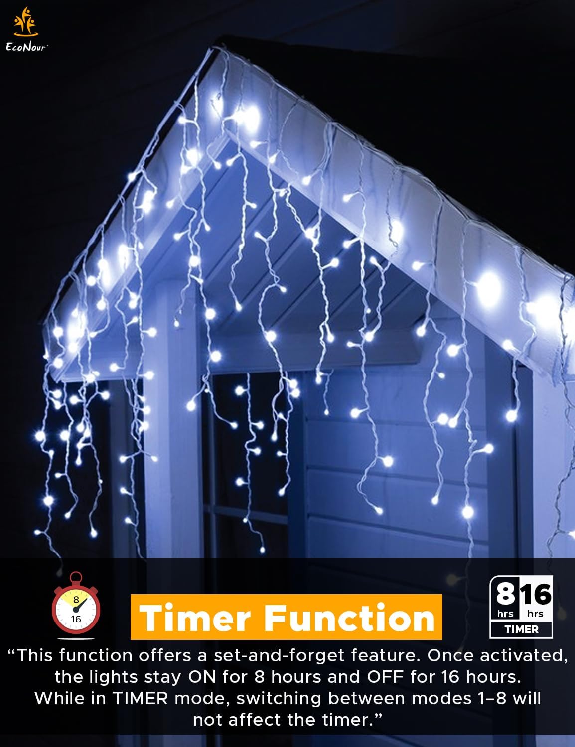 EcoNour Icicle Lights for Outside | 240 LED Icicle Christmas Lights Outdoor with 8 Modes, Connectable String Light with Timer, Memory Function, Waterproof Twinkle Outdoor Christmas lights - Cool White
