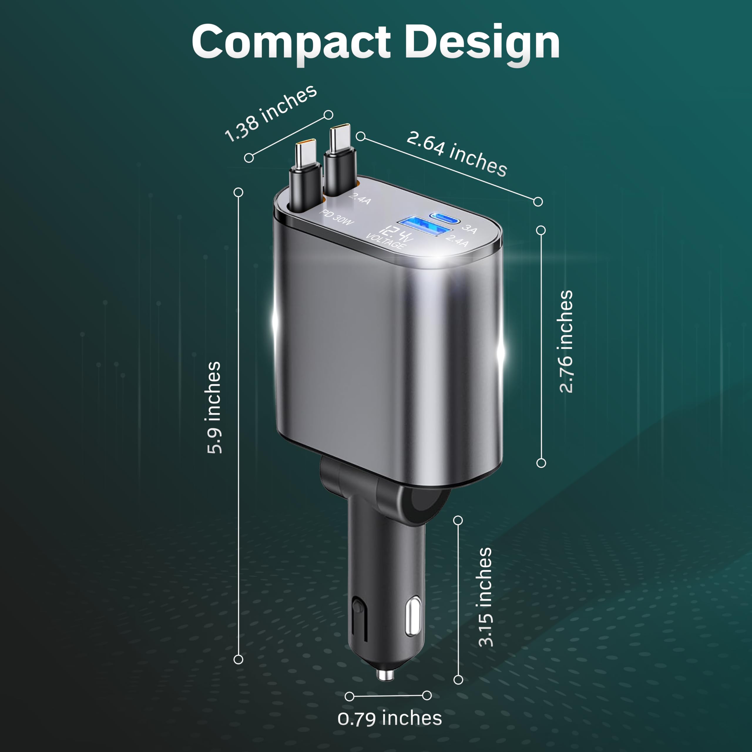 Compact 4-in-1 Car Charger with USB-C and dual ports