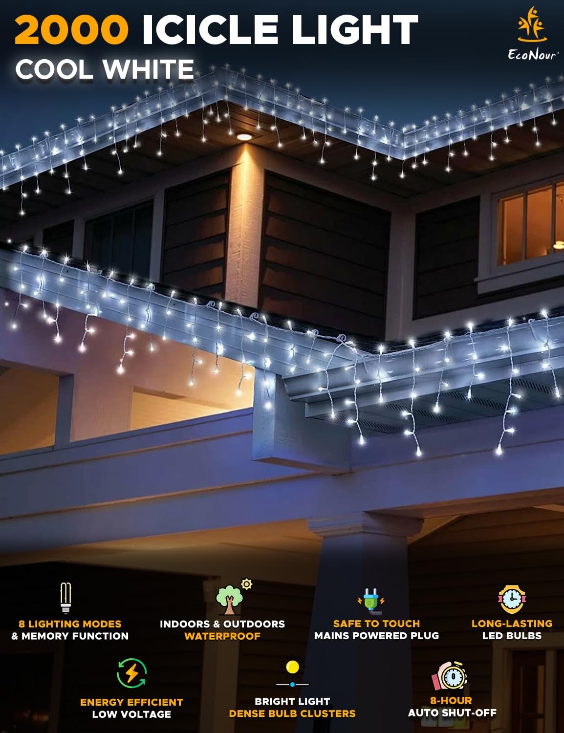 EcoNour Icicle Lights for Outside | 2000 LED Icicle Christmas Lights Outdoor with 8 Modes, Connectable String Light with Timer, Memory Function, Waterproof Twinkle Outdoor Christmas lights- Cool White
