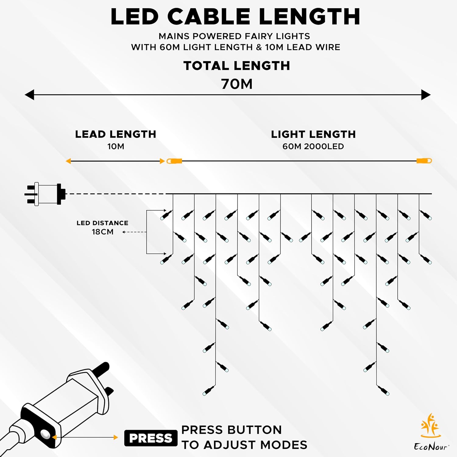EcoNour Icicle Lights Outdoor Christmas Lights 2000 LED 60M Cool White Decorations String Fairy Lights with Timer for Xmas Garden & Party | Mains Powered Clear Cable