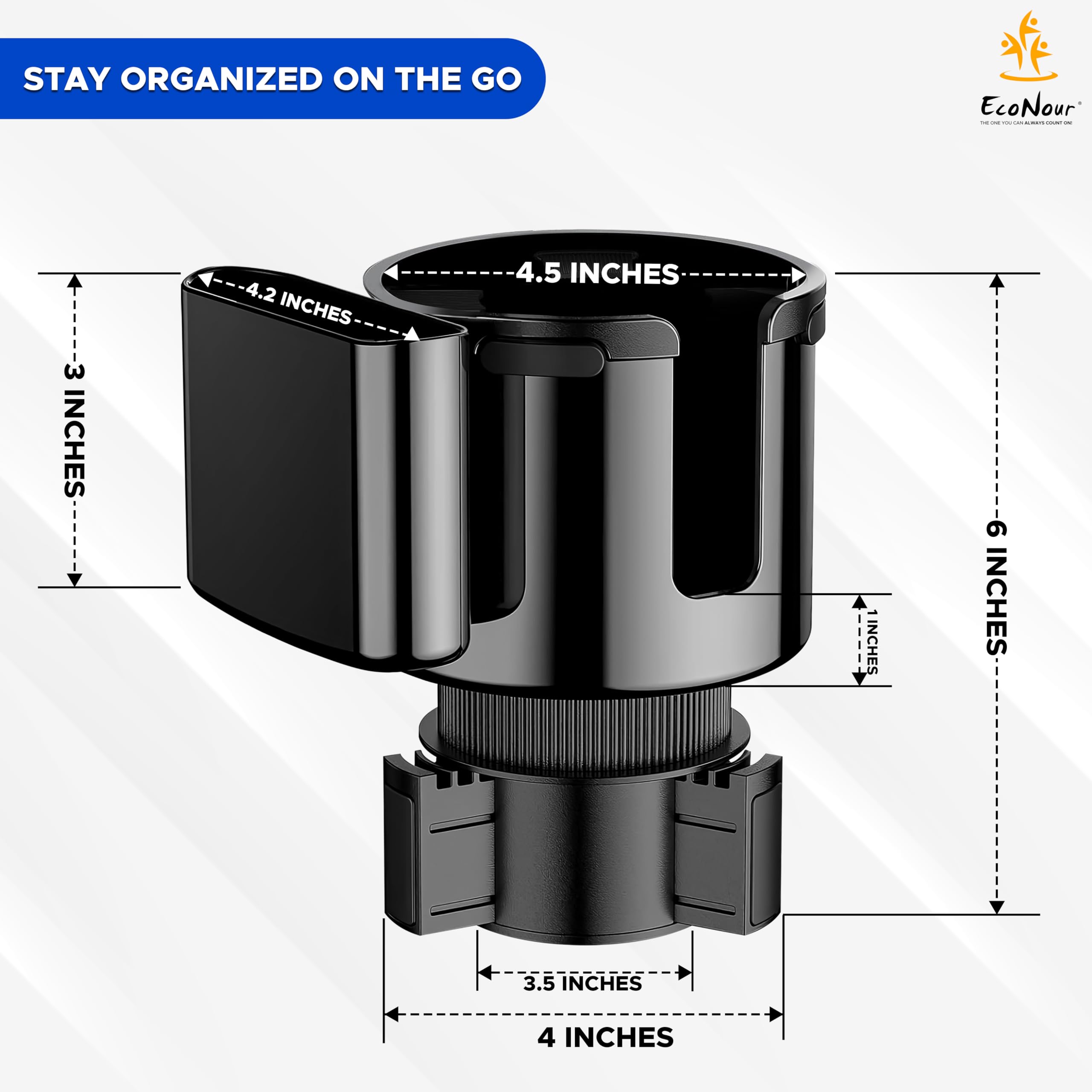 Adjustable EcoNour Car Cup Holder Expander with expandable base for large bottles and phones.