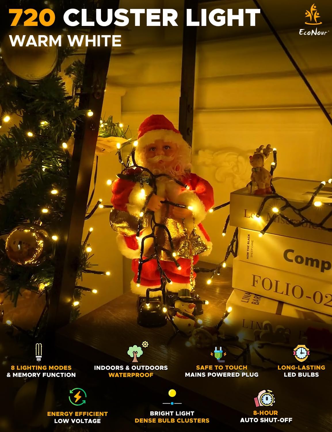 EcoNour 62Ft 720 LED Cluster Twinkle Lights for Christmas Tree, 8 Modes String Lights for Decoration with Timer and Memory Function, Ambient Warm White Fairy Lights for Magical Home & Garden Decor