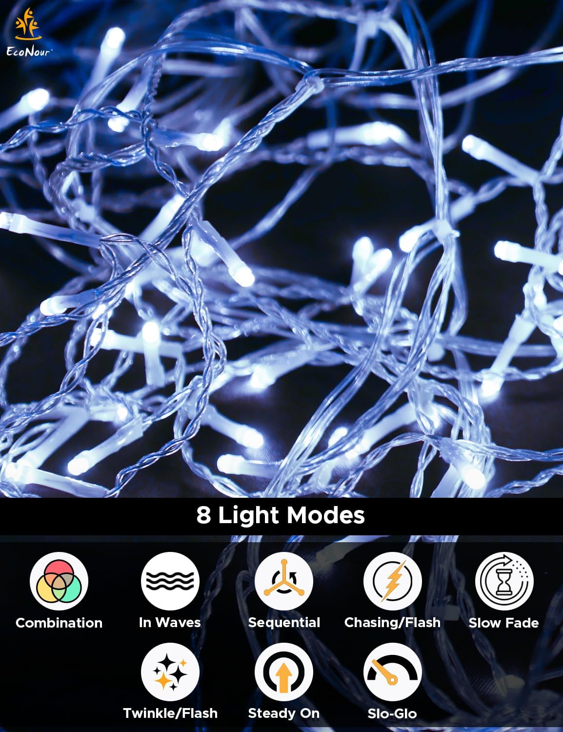 EcoNour Icicle Lights for Outside | 240 LED Icicle Christmas Lights Outdoor with 8 Modes, Connectable String Light with Timer, Memory Function, Waterproof Twinkle Outdoor Christmas lights - Cool White