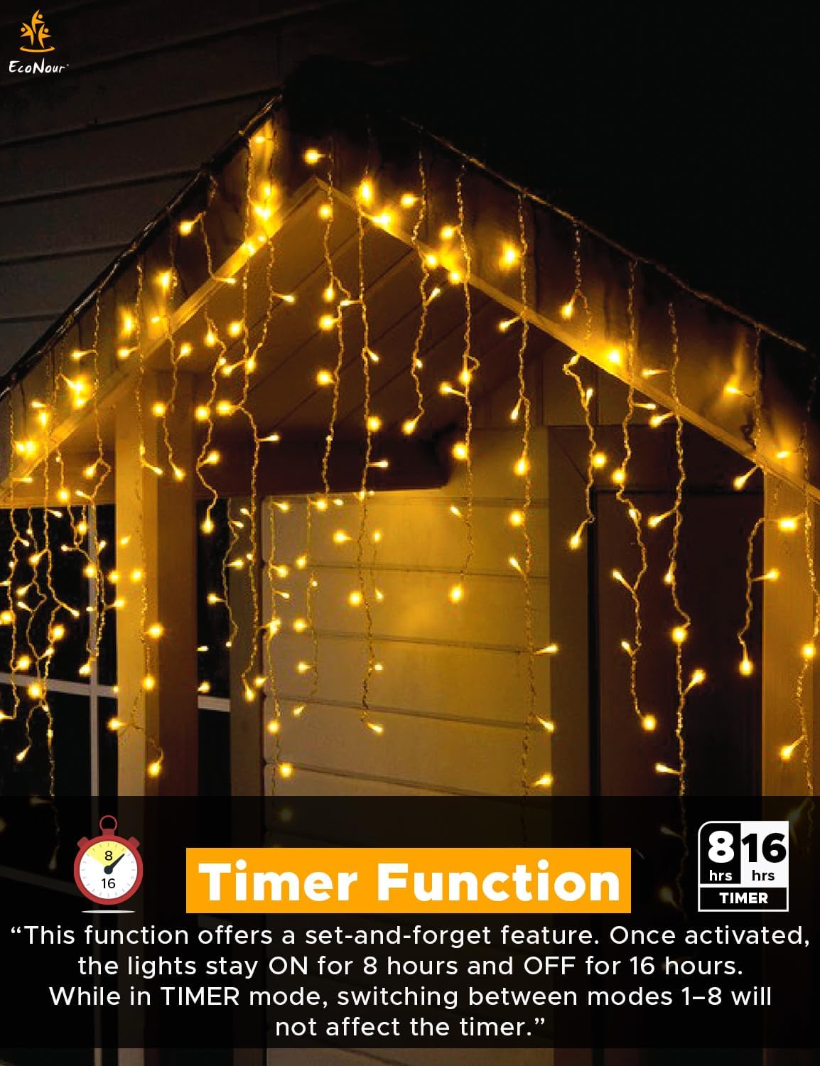 EcoNour Icicle Lights for Outside | 360 LED Icicle Christmas Lights Outdoor with 8 Modes, Connectable String Light with Timer, Memory Function, Waterproof Twinkle Outdoor Christmas lights - Warm White