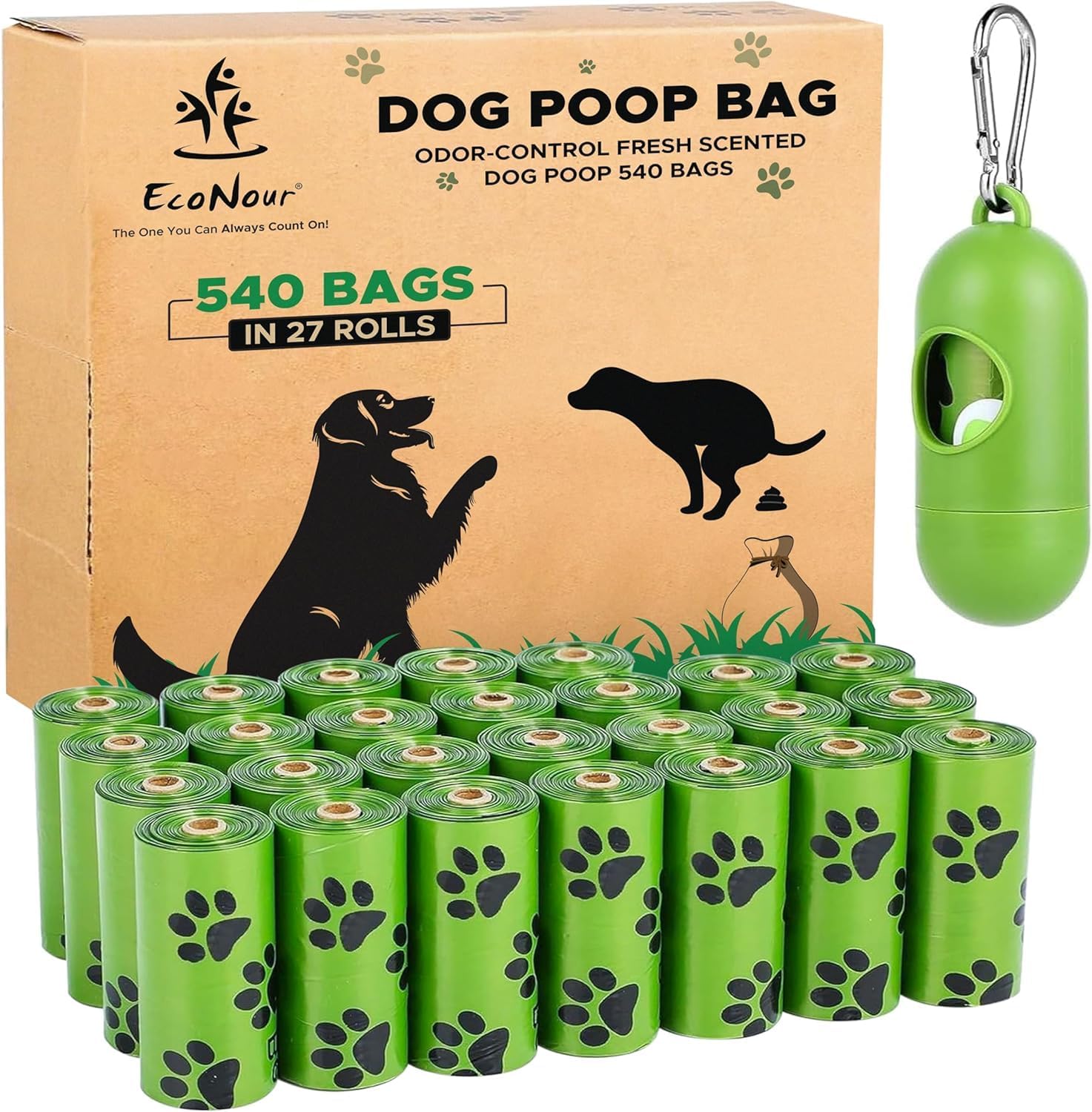 EcoNour Dog Poop Bags 540 Counts Biodegradable Poop Waste Bag with Odor-Masking Scent and Dispenser - 100% Leak Proof Convenient Dispensing, Durable & Generously Sized Dog Poop Bags for Pet Owners