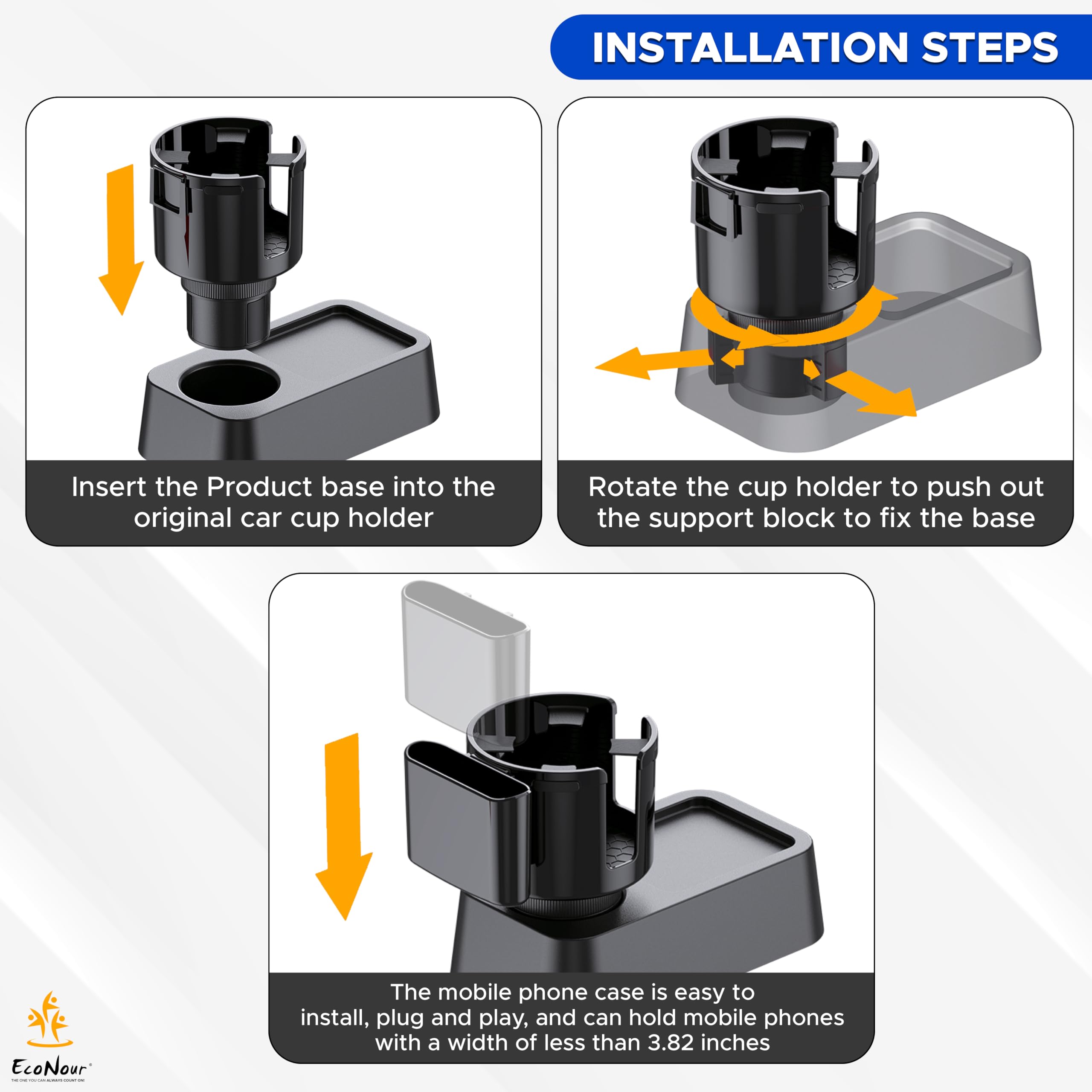 Car Cup Holder Expander, EcoNour adjustable phone and cup holder for vehicles.