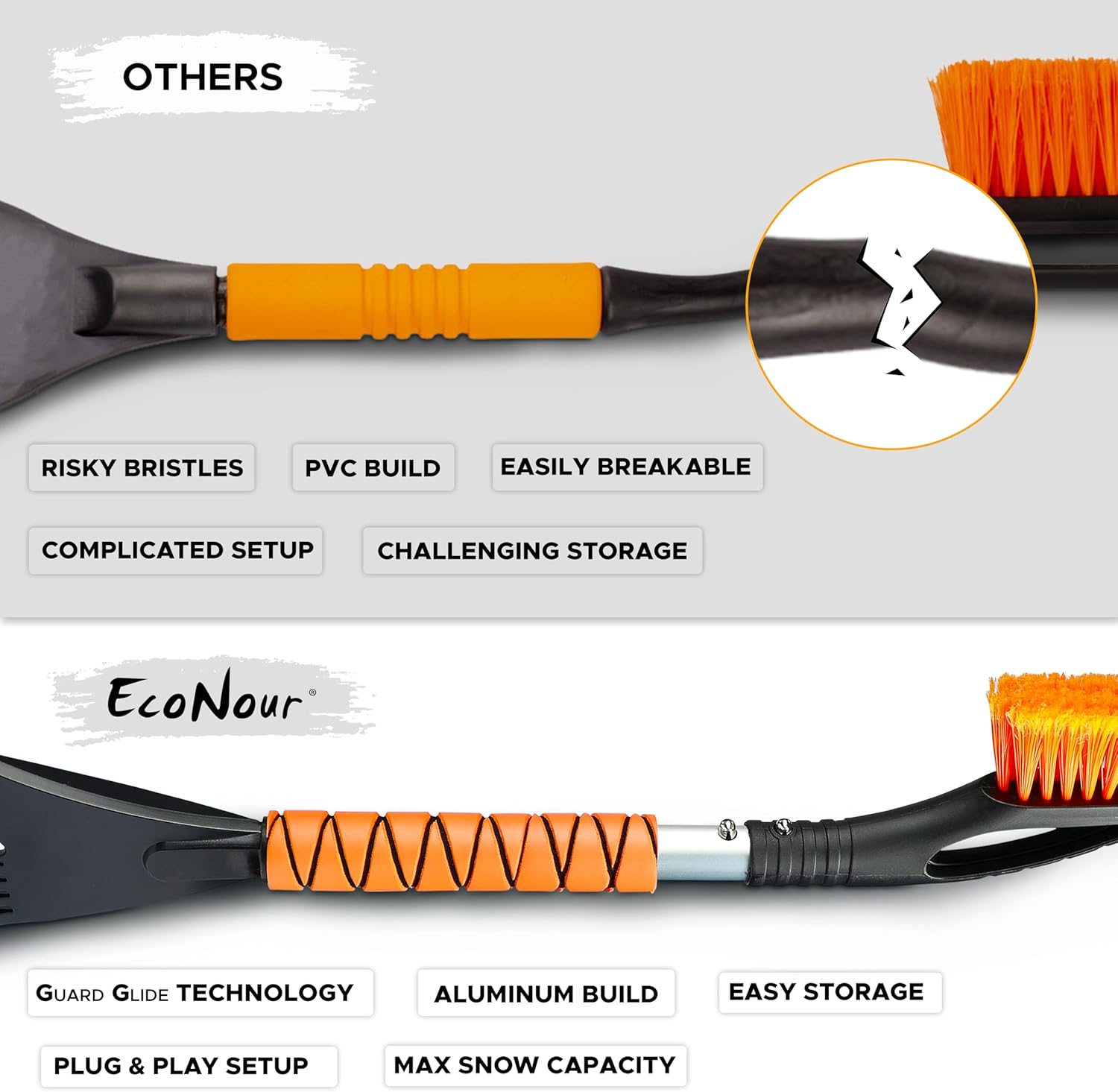 EcoNour 27" Aluminum Snow Brush & Ice Scraper for Car Windshield and Window | Car Snow Scraper and Brush with Ergonomic Foam Grip Winter Accessories (Orange)