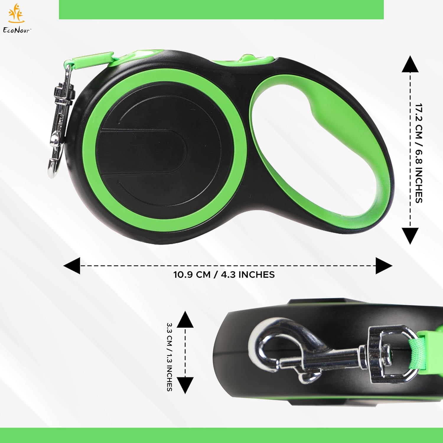 EcoNour 360° Tangle-Free Retractable Dog Leash | 5m Nylon Tape for Dogs Up to 20 Kg | Ergonomic Anti-Slip Handle | Durable Rust-Proof Swivel Hook | Easy One-Handed Break & Lock - Green