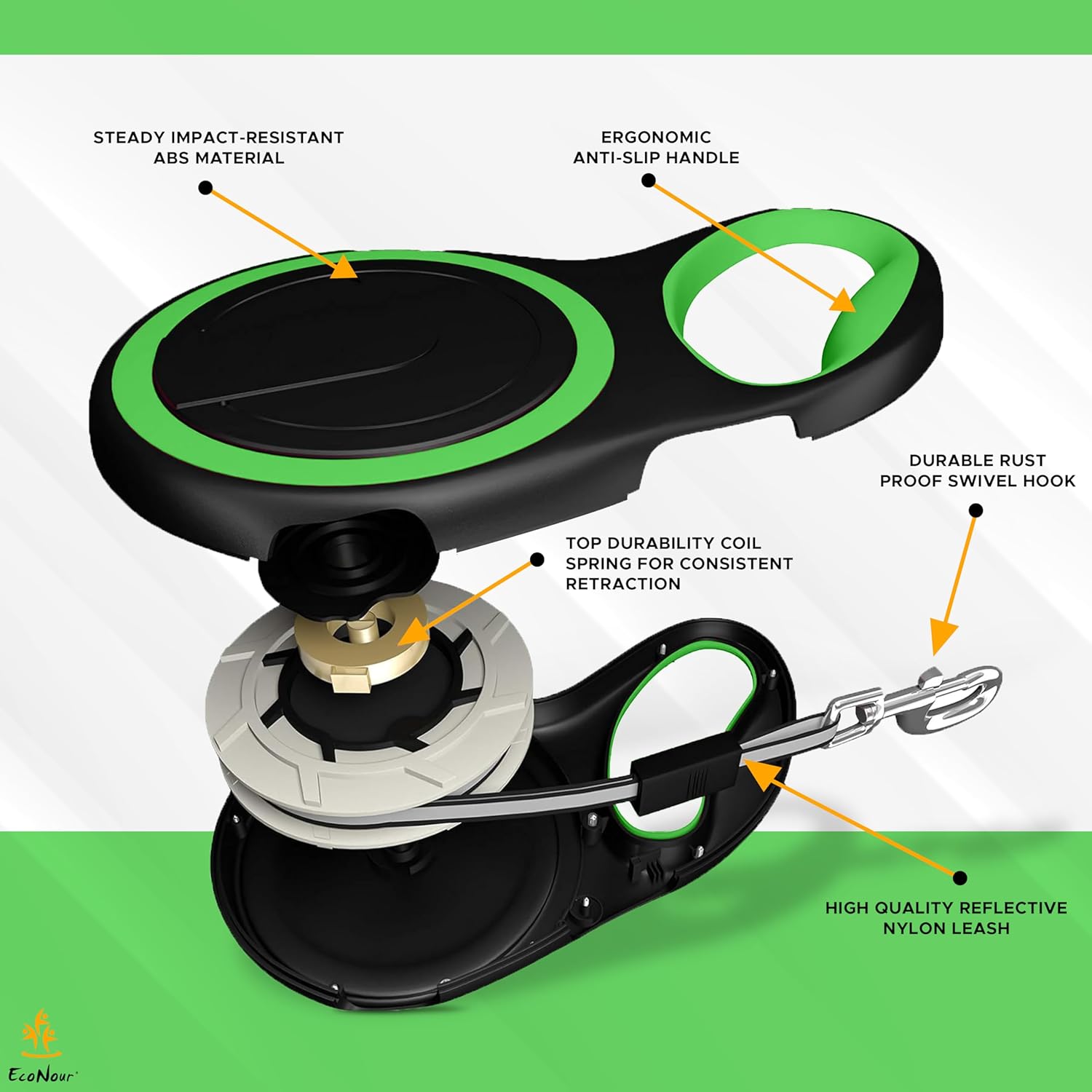EcoNour 360° Tangle-Free Retractable Dog Leash | 5m Nylon Tape for Dogs Up to 20 Kg | Ergonomic Anti-Slip Handle | Durable Rust-Proof Swivel Hook | Easy One-Handed Break & Lock - Green