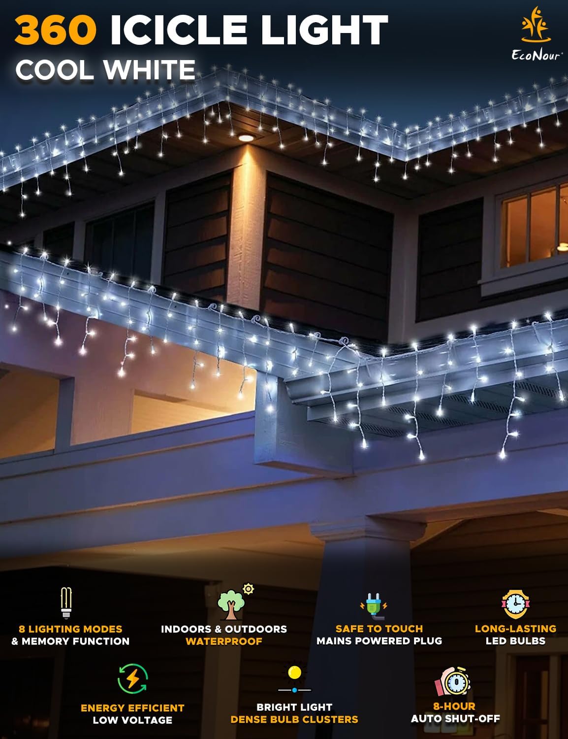 EcoNour Icicle Lights for Outside | 360 LED Icicle Christmas Lights Outdoor with 8 Modes, Connectable String Light with Timer, Memory Function, Waterproof Twinkle Outdoor Christmas lights - Cool White