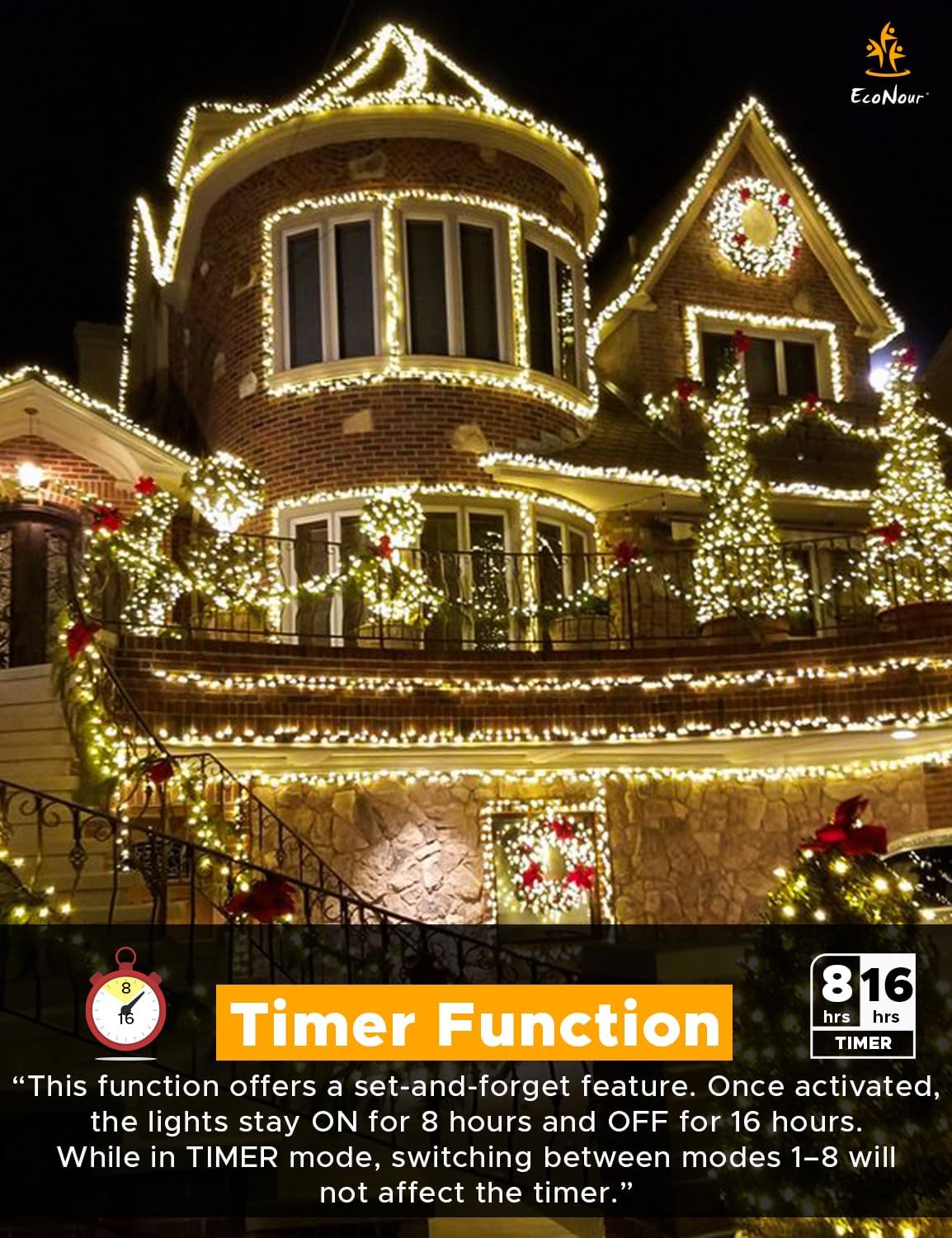 EcoNour 62Ft 720 LED Cluster Twinkle Lights for Christmas Tree, 8 Modes String Lights for Decoration with Timer and Memory Function, Ambient Warm White Fairy Lights for Magical Home & Garden Decor