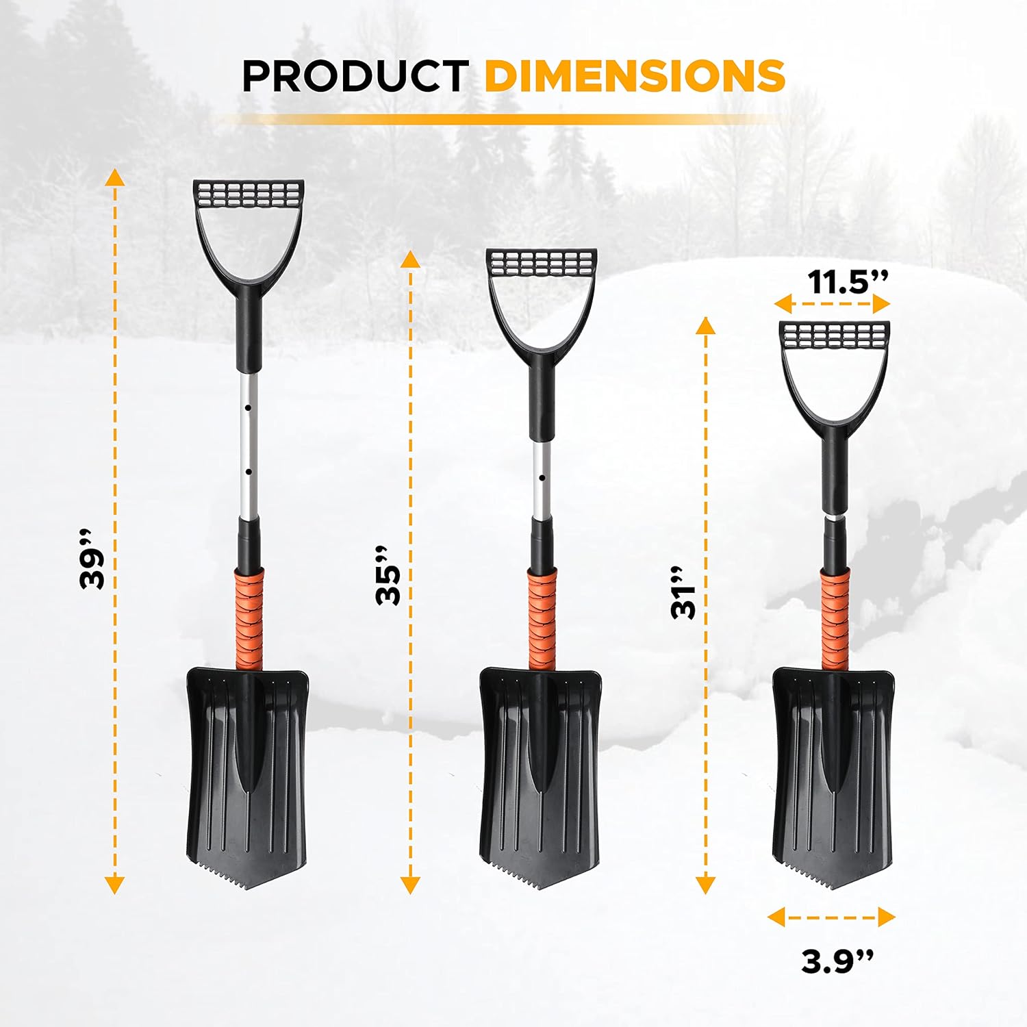 EcoNour 6-in-1 Snow Shovel & Rotating Snow Brush, compact winter snow removal tool for vehicles.