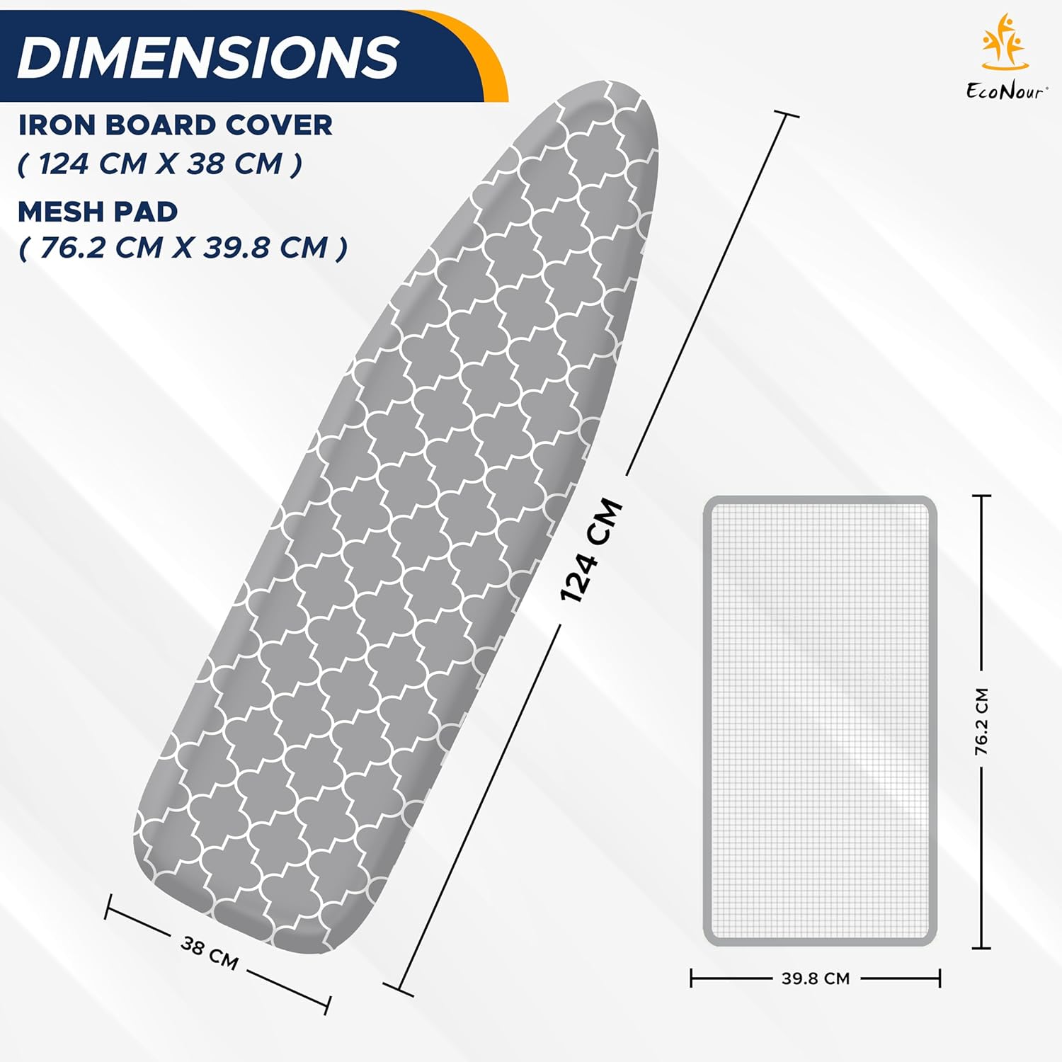 EcoNour Ironing Board Covers 124 x 38 cm Extra Thick 7mm Padding, 100% Cotton Top Covers Easy-Fit for Protecting Ironing Board Cover Complete Set with 4 Strings and Scorch Resistant Padding - Large