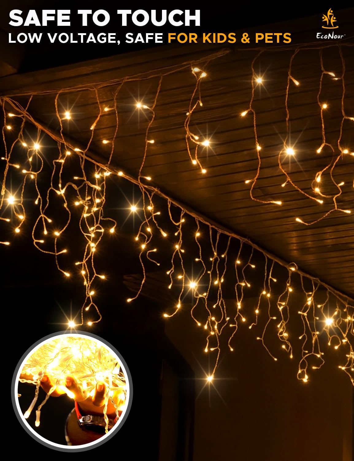 EcoNour Icicle Lights for Outside | 1500 LED Icicle Christmas Lights Outdoor with 8 Modes, Connectable String Light with Timer, Memory Function, Waterproof Twinkle Outdoor Christmas lights- Warm White