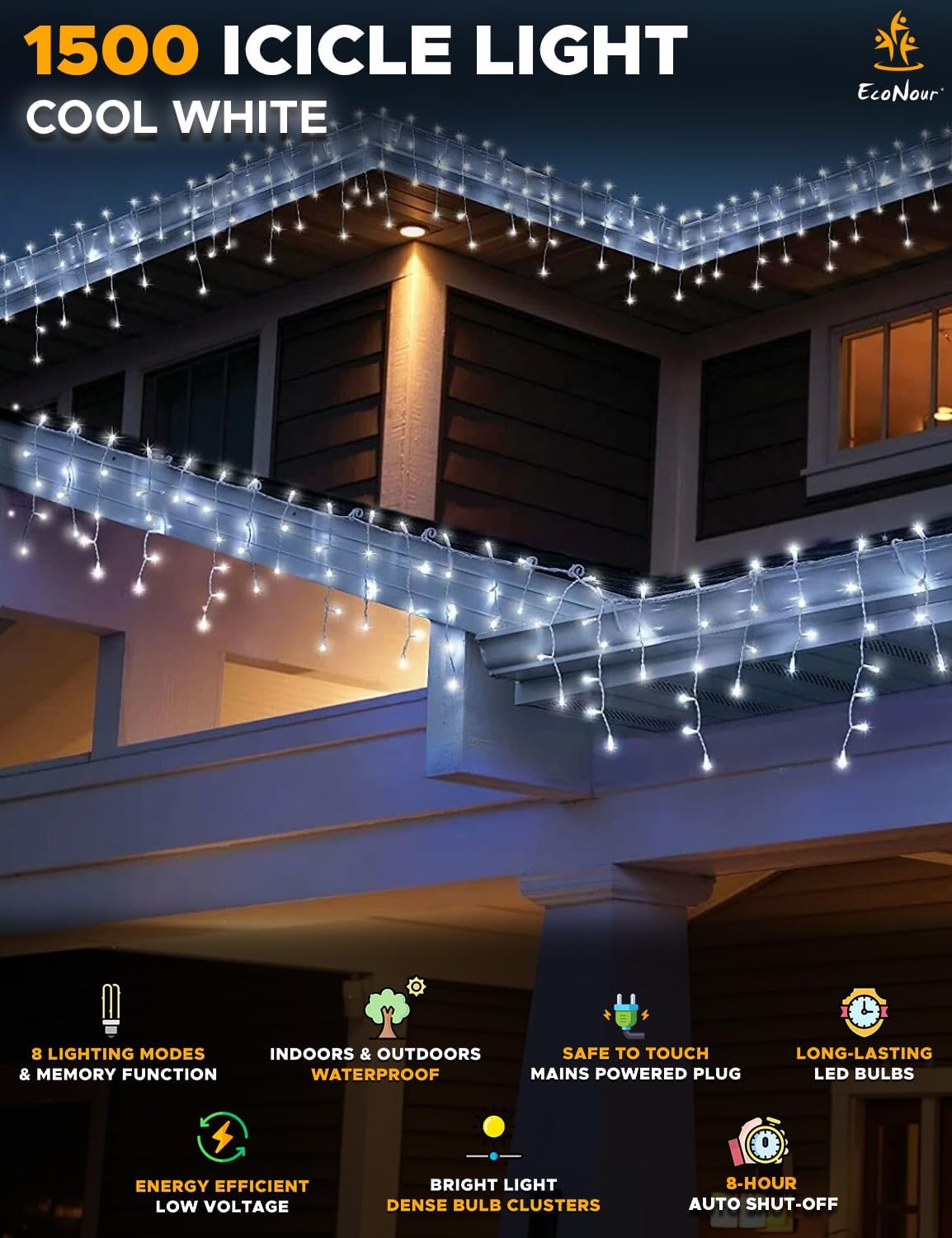 EcoNour Icicle Lights for Outside | 1500 LED Icicle Christmas Lights Outdoor with 8 Modes, Connectable String Light with Timer, Memory Function, Waterproof Twinkle Outdoor Christmas lights- Cool White