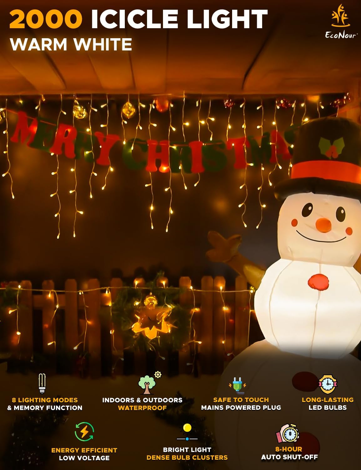 EcoNour Icicle Lights for Outside | 2000 LED Icicle Christmas Lights Outdoor with 8 Modes, Connectable String Light with Timer, Memory Function, Waterproof Twinkle Outdoor Christmas lights- Warm White