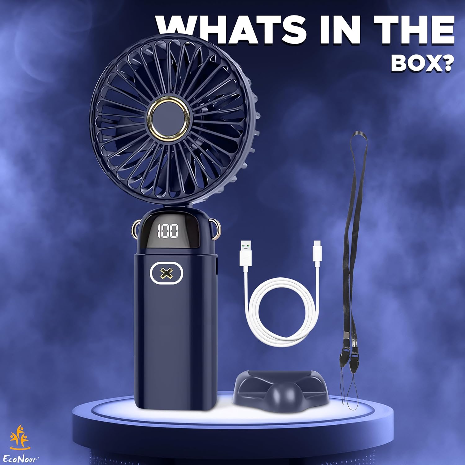 EcoNour Portable Handheld Fan | USB Rechargeable Mini Fan with 5 Speeds | LED Display and Foldable Design | Battery Operated Mini Fan for Home, Office, Bedroom, and Travel