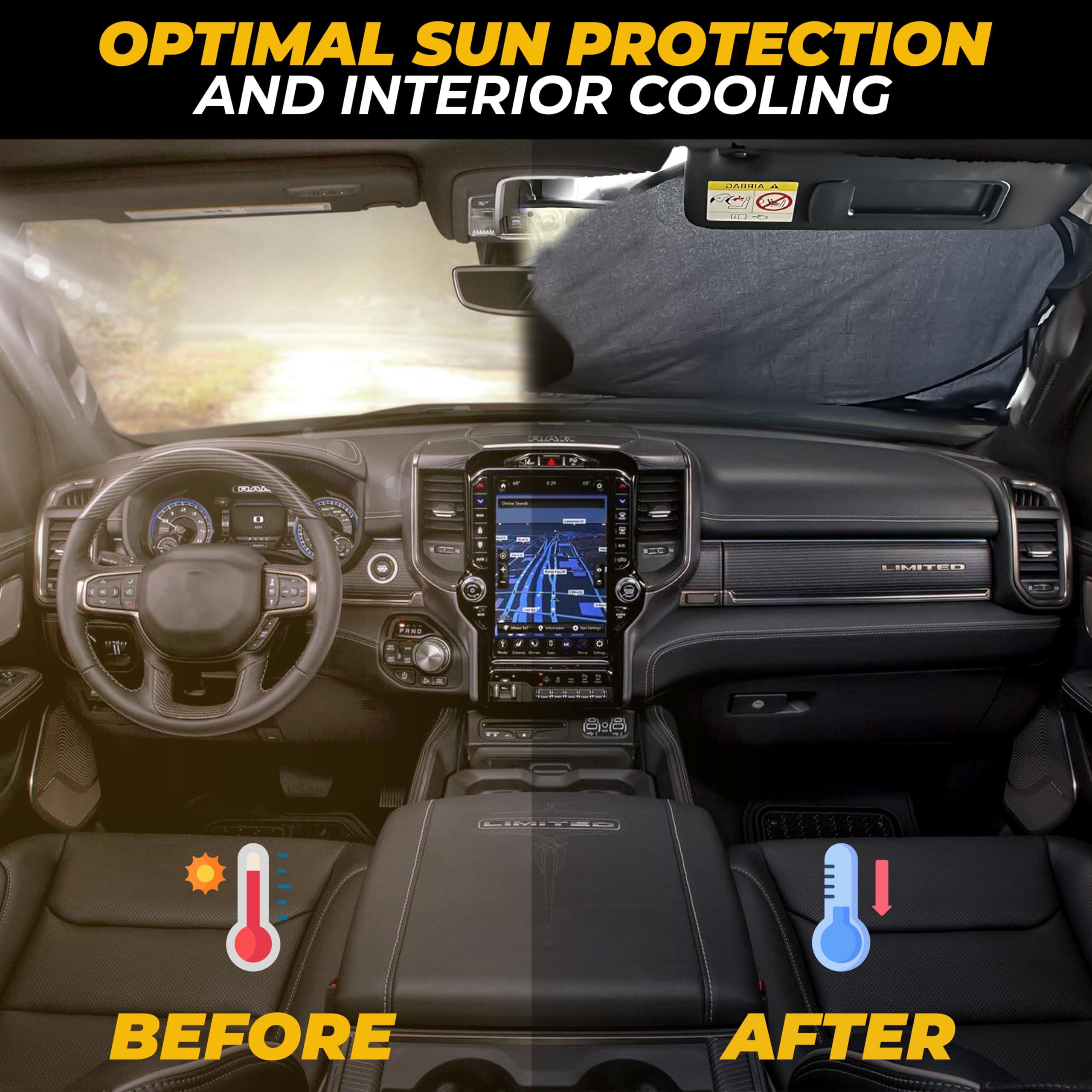 Truck Windshield Sun Shade 69x35 EcoNour | Heat Reflective Foldable Sun Visor for Front Window