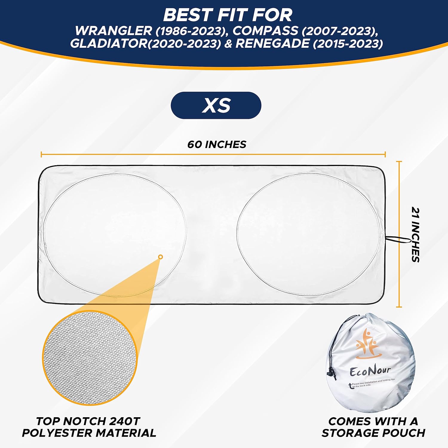 EcoNour Jeep Windshield Sunshade | Sun Visor to Protect UV Rays and Heat Glare | Jeep Accessories Cover | Fits for Wrangler, Gladiator, and Rubicon Models | Jeep Sunshade - X-Small 60 x 21 inches