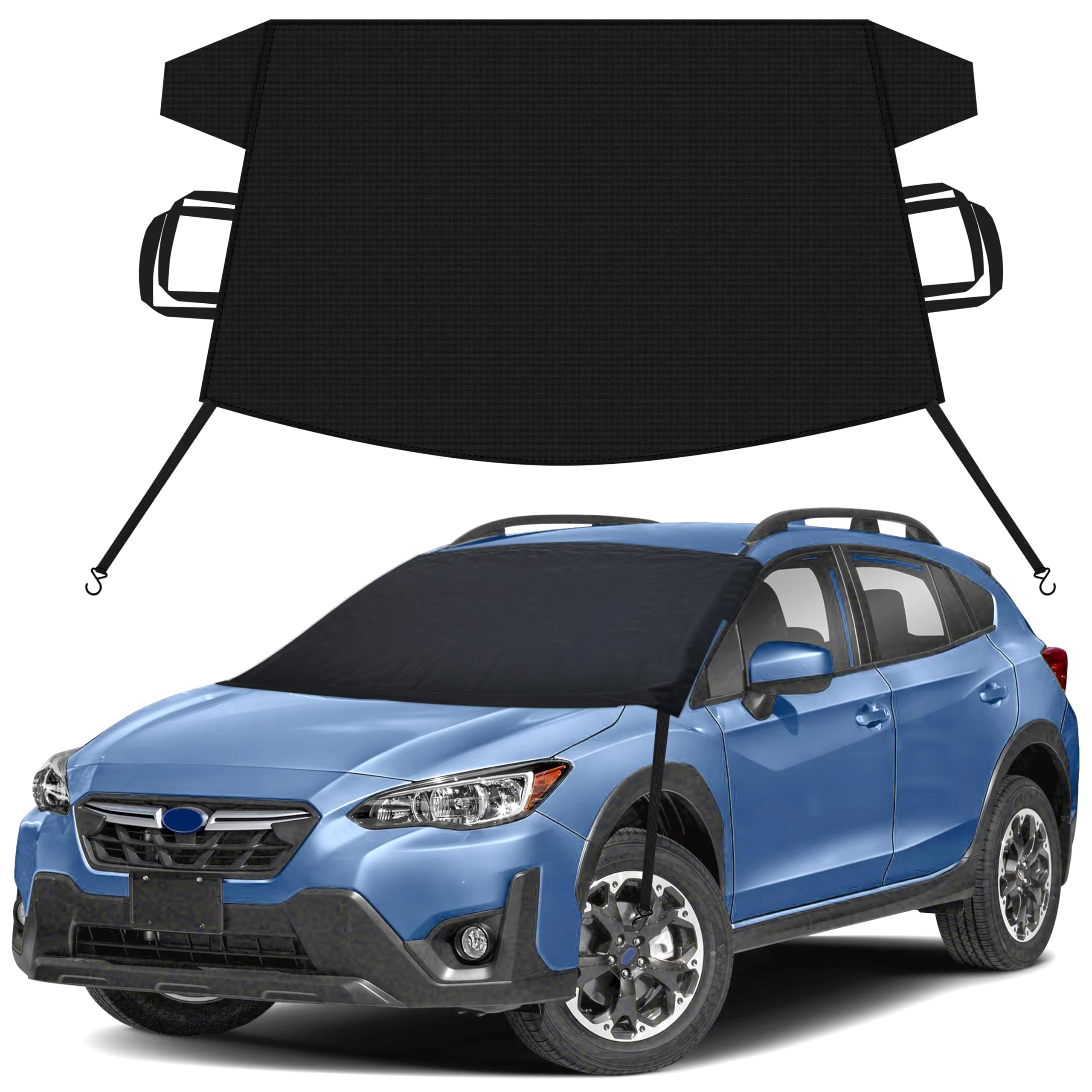 Car Snow Cover for Subaru Crosstrek, heavy-duty 600D Oxford windshield cover with S-Hook straps, waterproof and anti-slip winter car accessory.