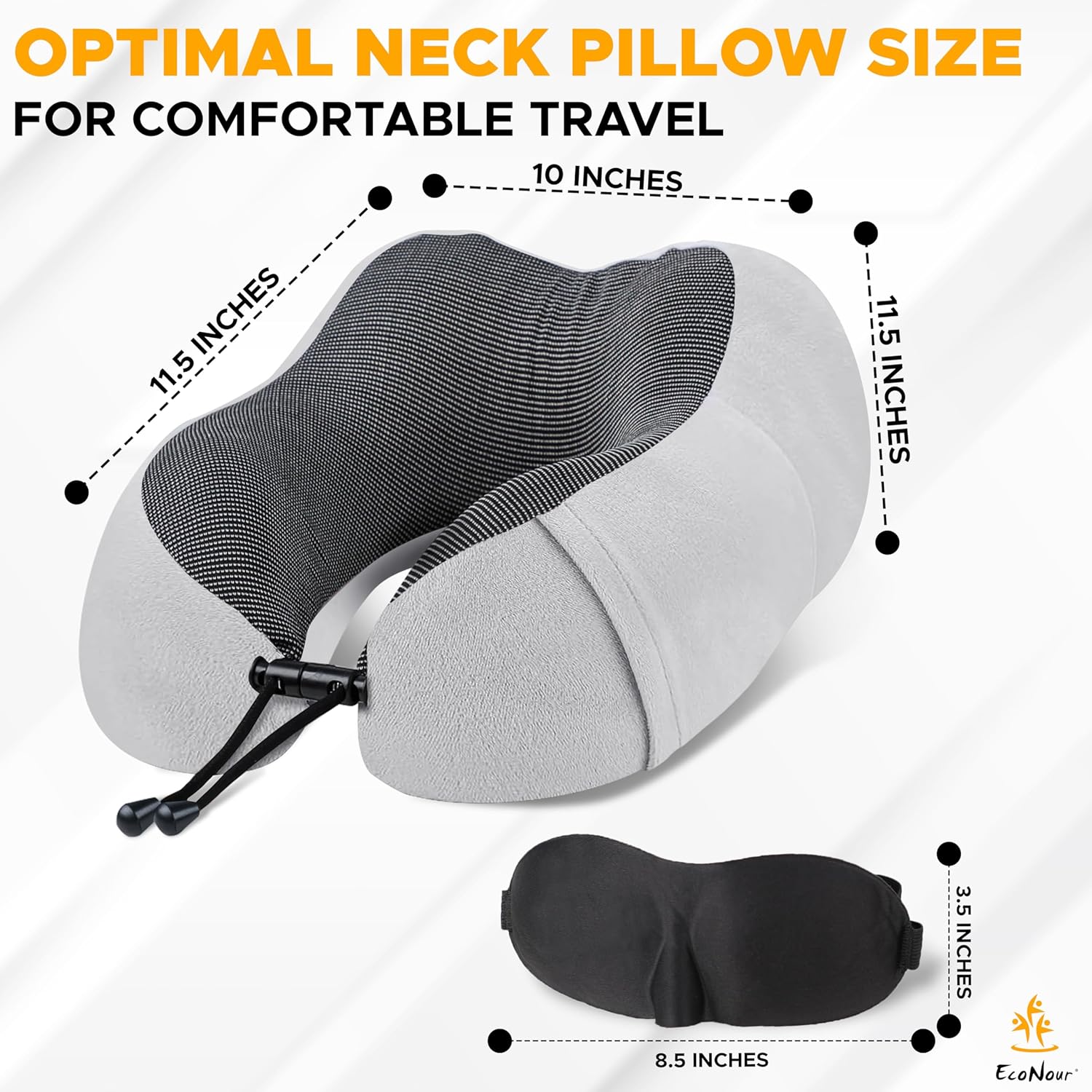 EcoNour Soft Travel Neck Pillow Set | Soft and Comfortable for Airplanes| Includes Eye Masks, Earplugs, & Mesh Bag | Neck Support with Adjustable Rope Memory Foam Support with Zipper