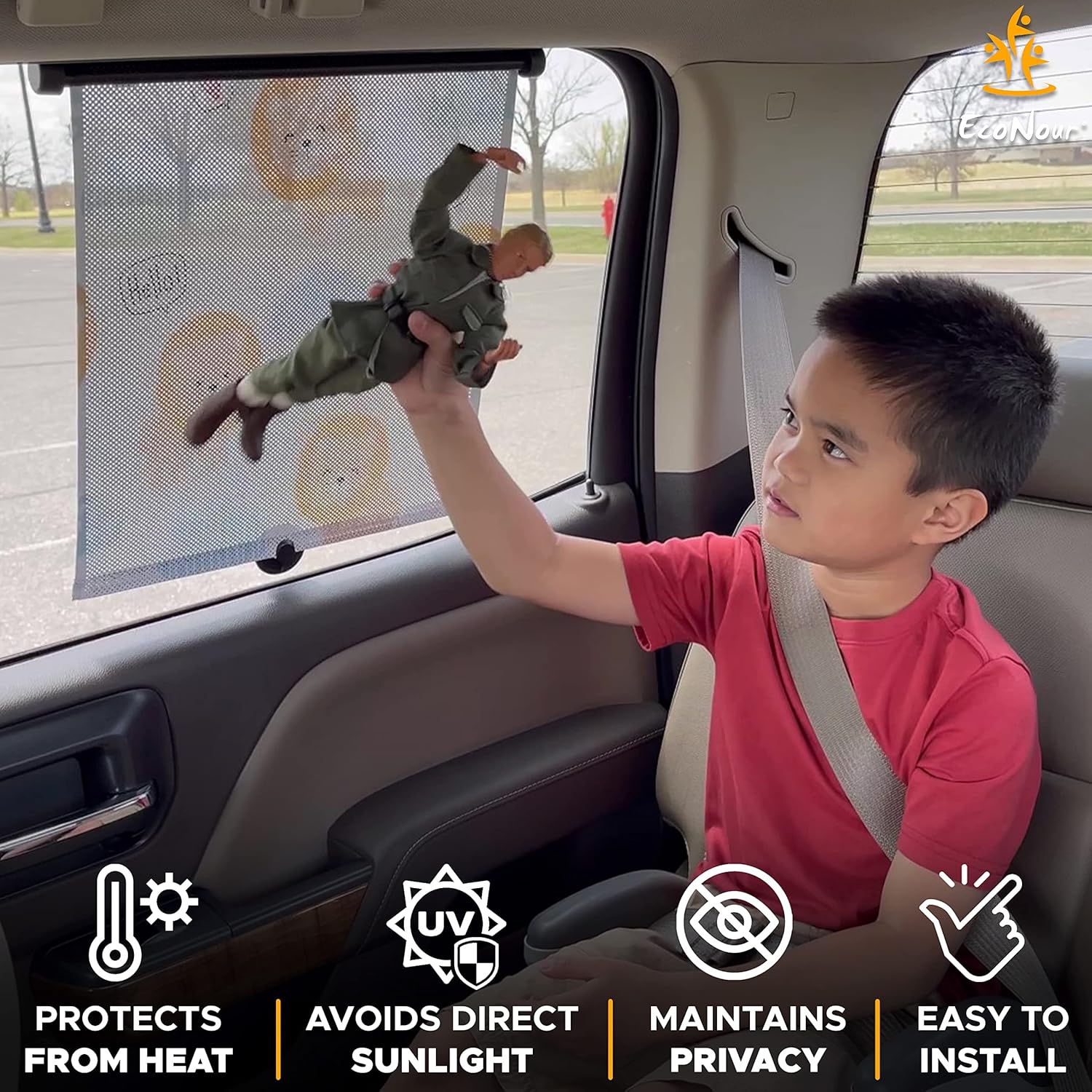 EcoNour Car Window Shade for Baby (2 Pack) | Retractable Printed Car Window Screen for Complete Protection | Enchanting Lions Prints (15