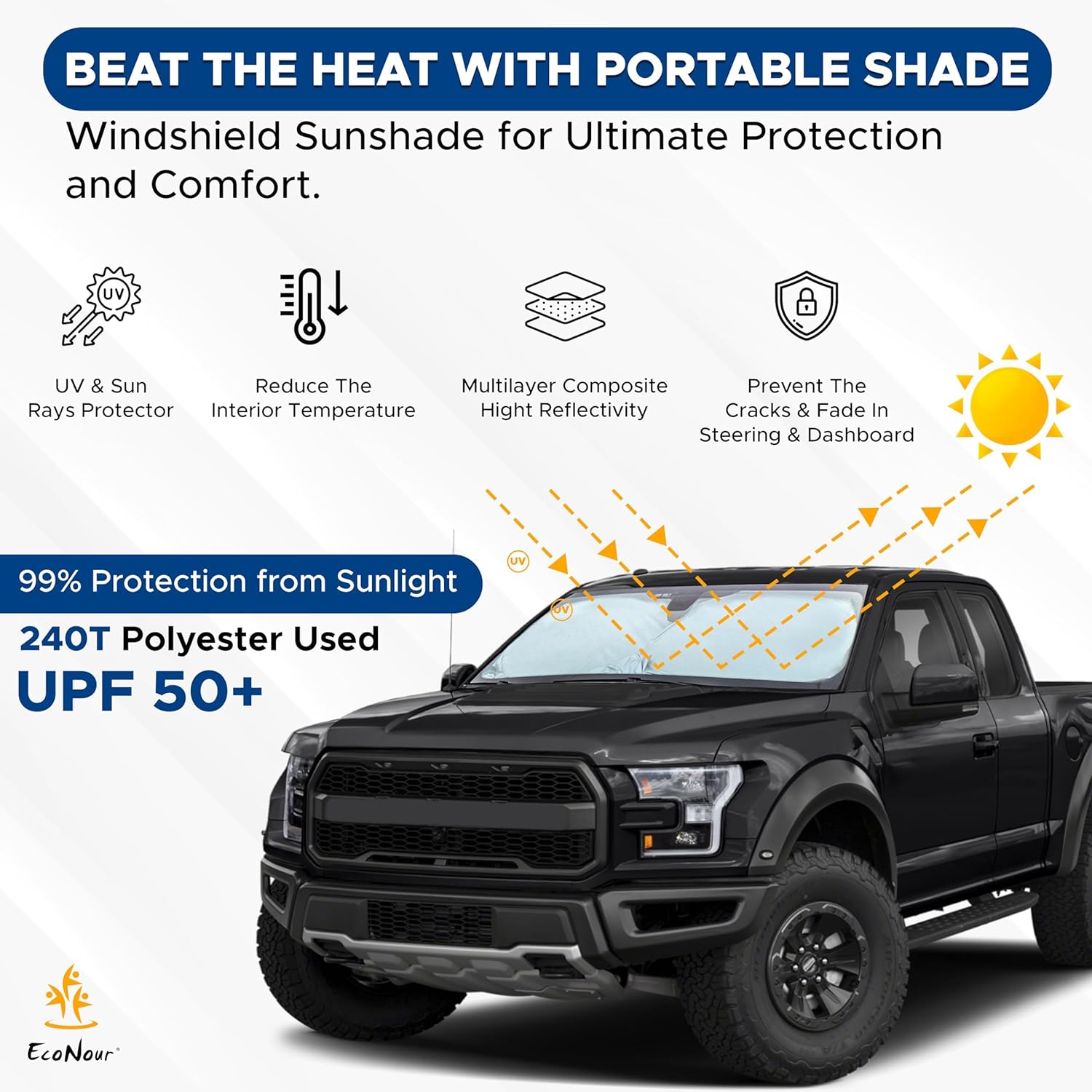 EcoNour Truck Windshield Sun Shade & Sun Block | Sun Shade for Windshield | Automotive Interior Accessories & Truck Window Shades for Heat & UV Protection | X-Large (69